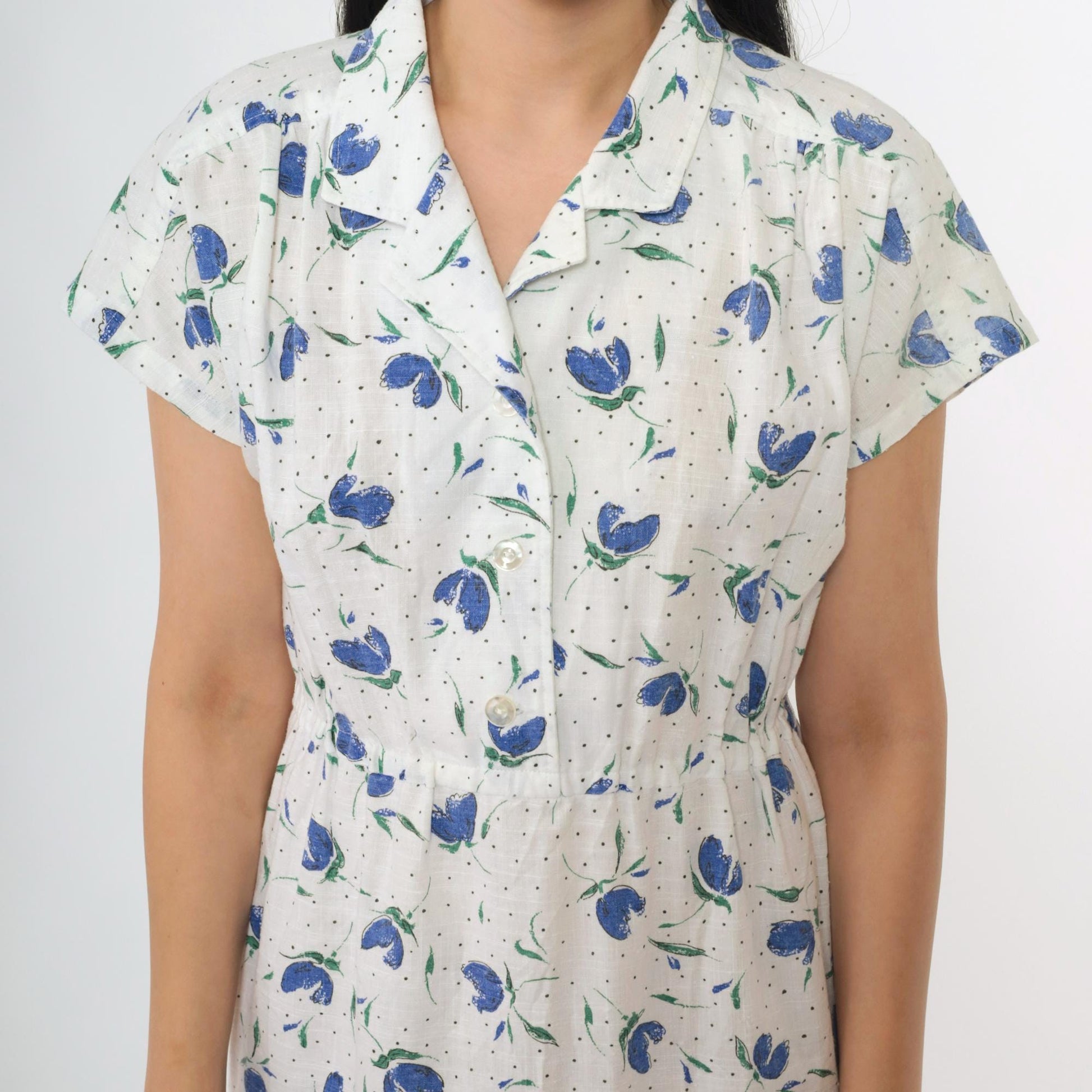 80s White Blue Floral Midi Shirtdress High Waist Button Front Small