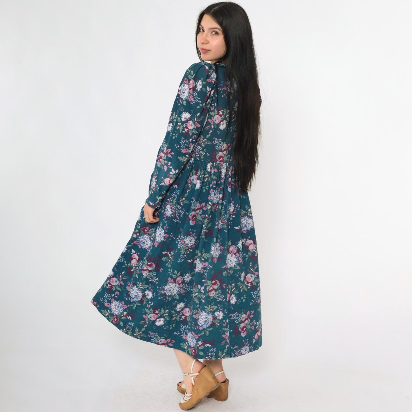 80s Laura Ashley Corduroy Floral Midi Dress Teal Puff Sleeve Medium