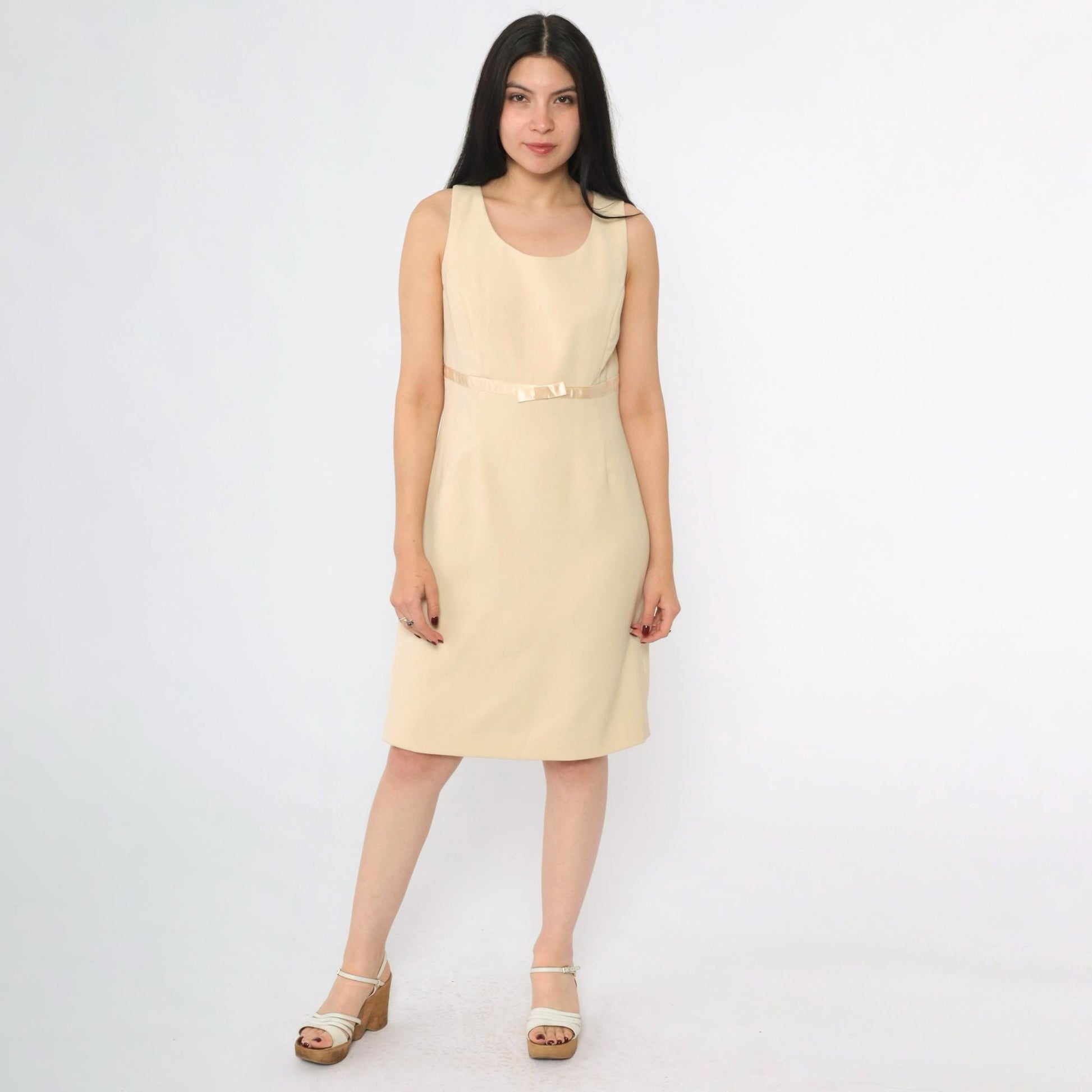 00s Amanda Smith Beige Mini Dress Satin Bow Empire Waist Scoop Neck Small