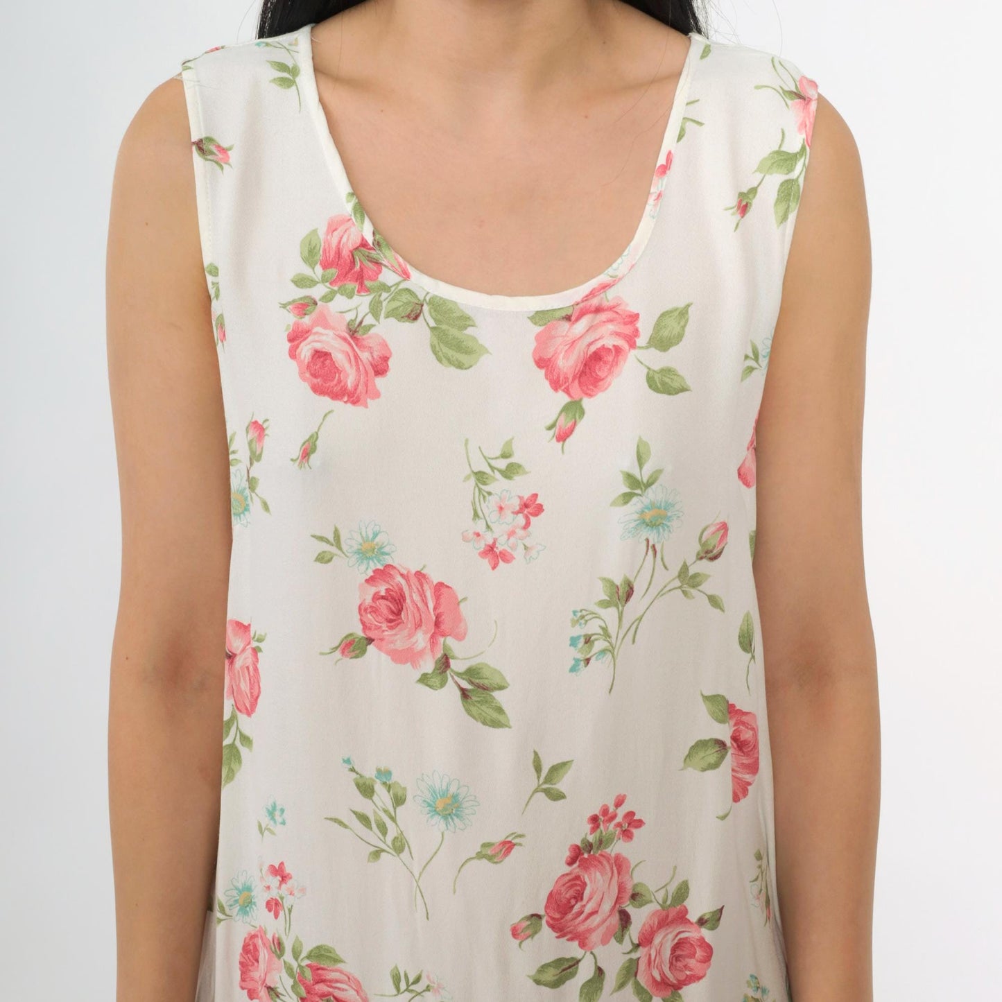 90s Pink Floral White Maxi Dress Sleeveless Scoop Neck Side Slit Medium