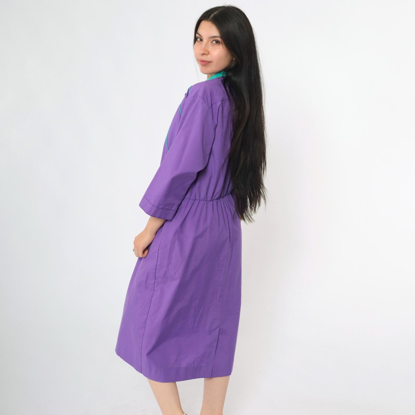 80s Purple Shirtdress Turquoise Collar Midi Button-Up High Waist Medium