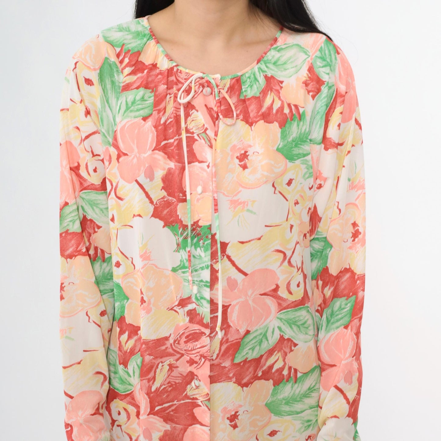 70s Gossard Artemis Floral Maxi Nightgown Long Sleeve Button Front Small S