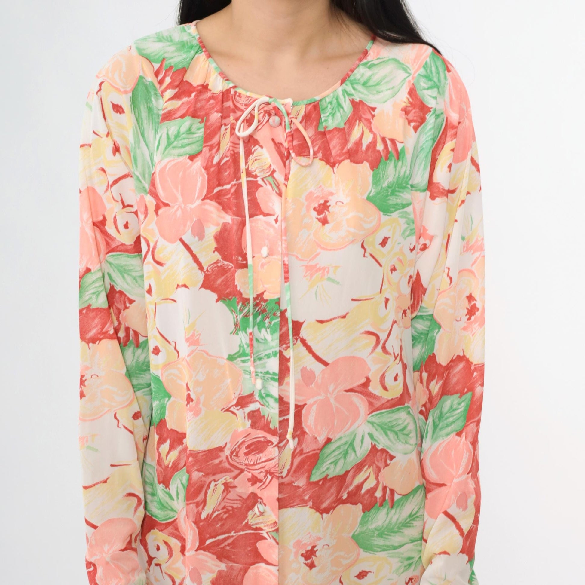 70s Gossard Artemis Floral Maxi Nightgown Long Sleeve Button Front Small S