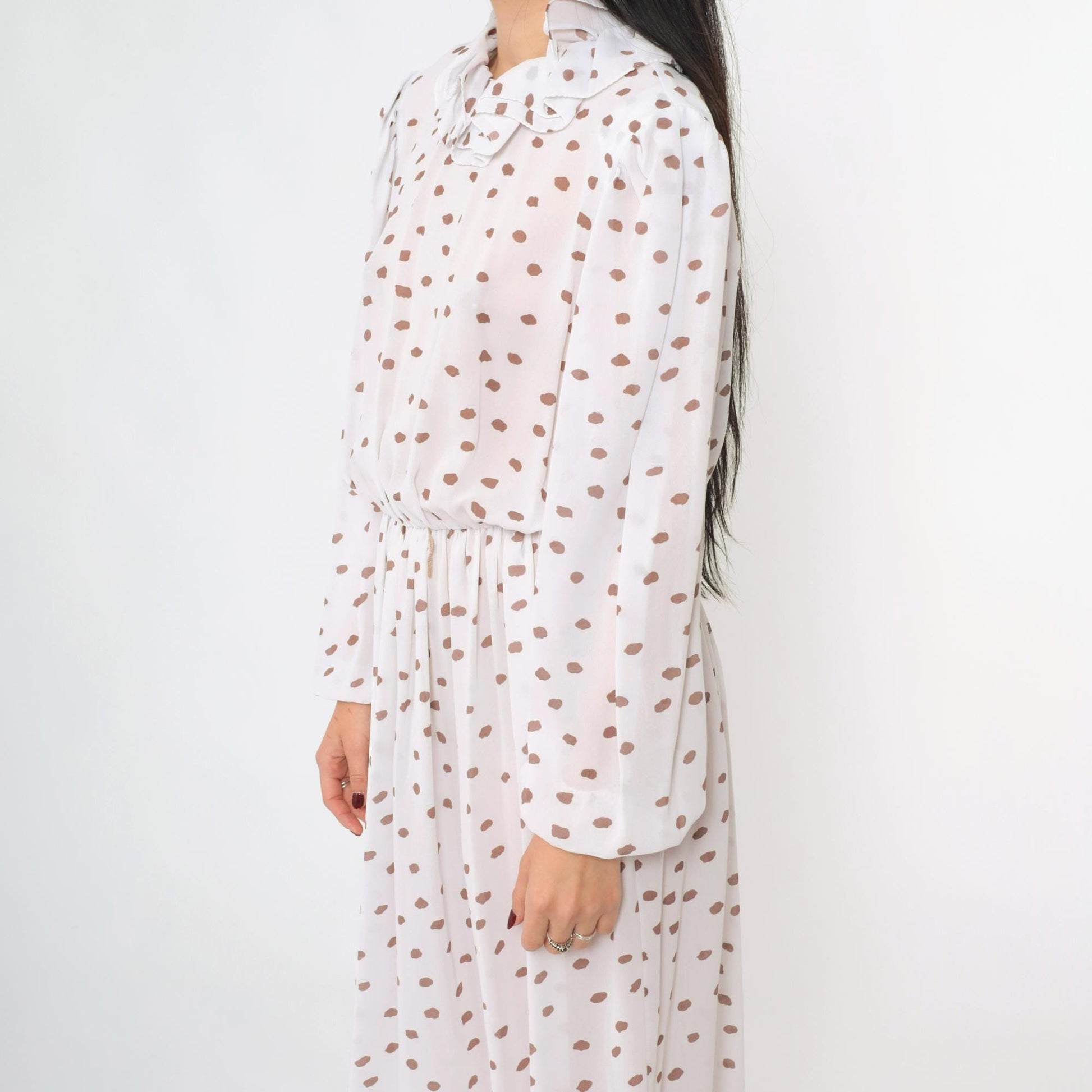 80s White Polka Dot Midi Dress Puff Sleeve Ruffled Collar High Waist Medium