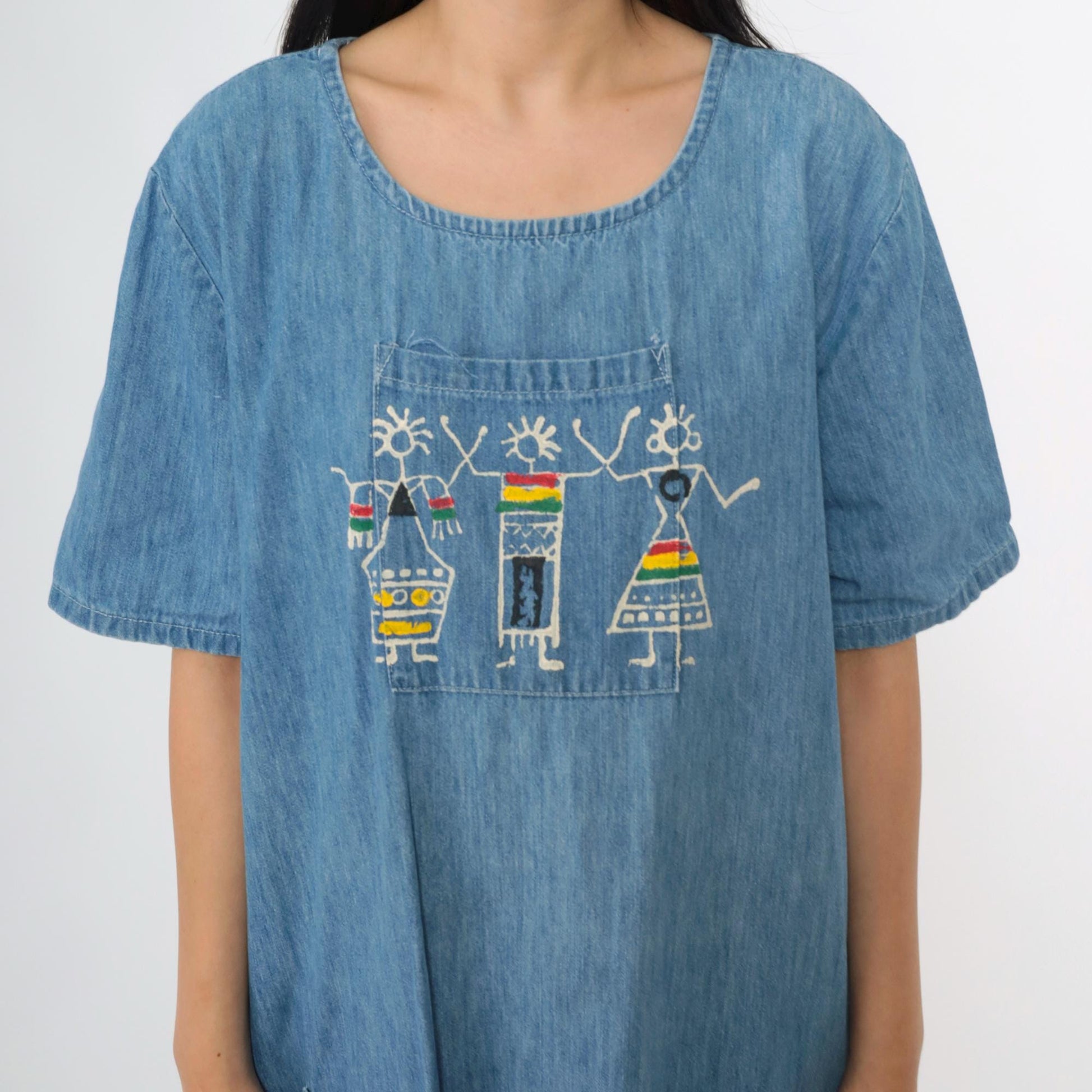 90s Over Charge Blue Denim Maxi Dress Reggae Graphic Short Sleeve Medium M