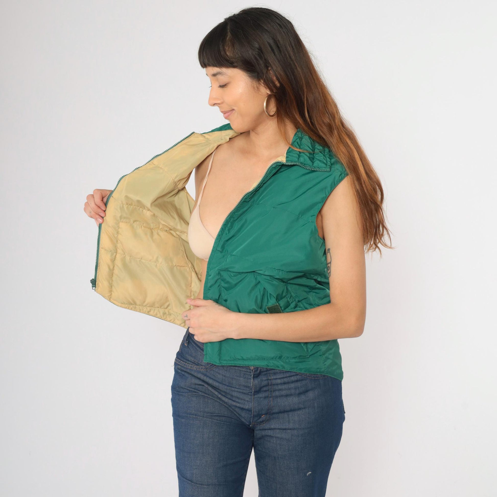 80s Green Puffer Vest Zip-Up Sleeveless Jacket Small S