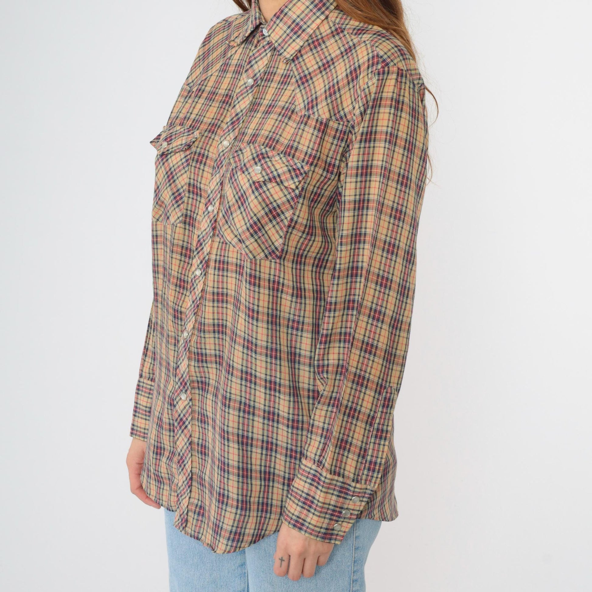 80s Plaid Western Pearl Snap Shirt Tan Red Blue Men's Medium