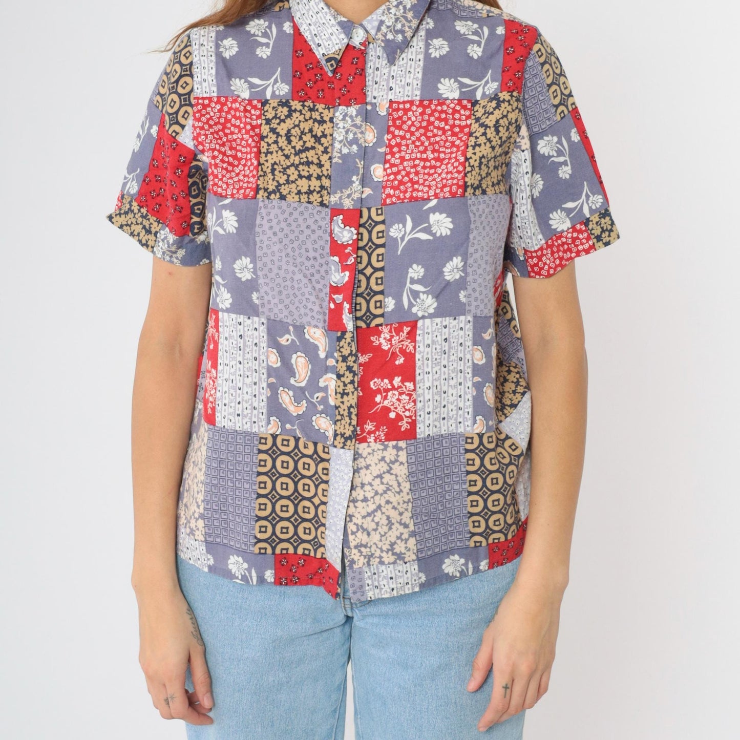 90s Alfred Dunner Patchwork Floral Paisley Button Up Blouse Muted Blue Red Medium