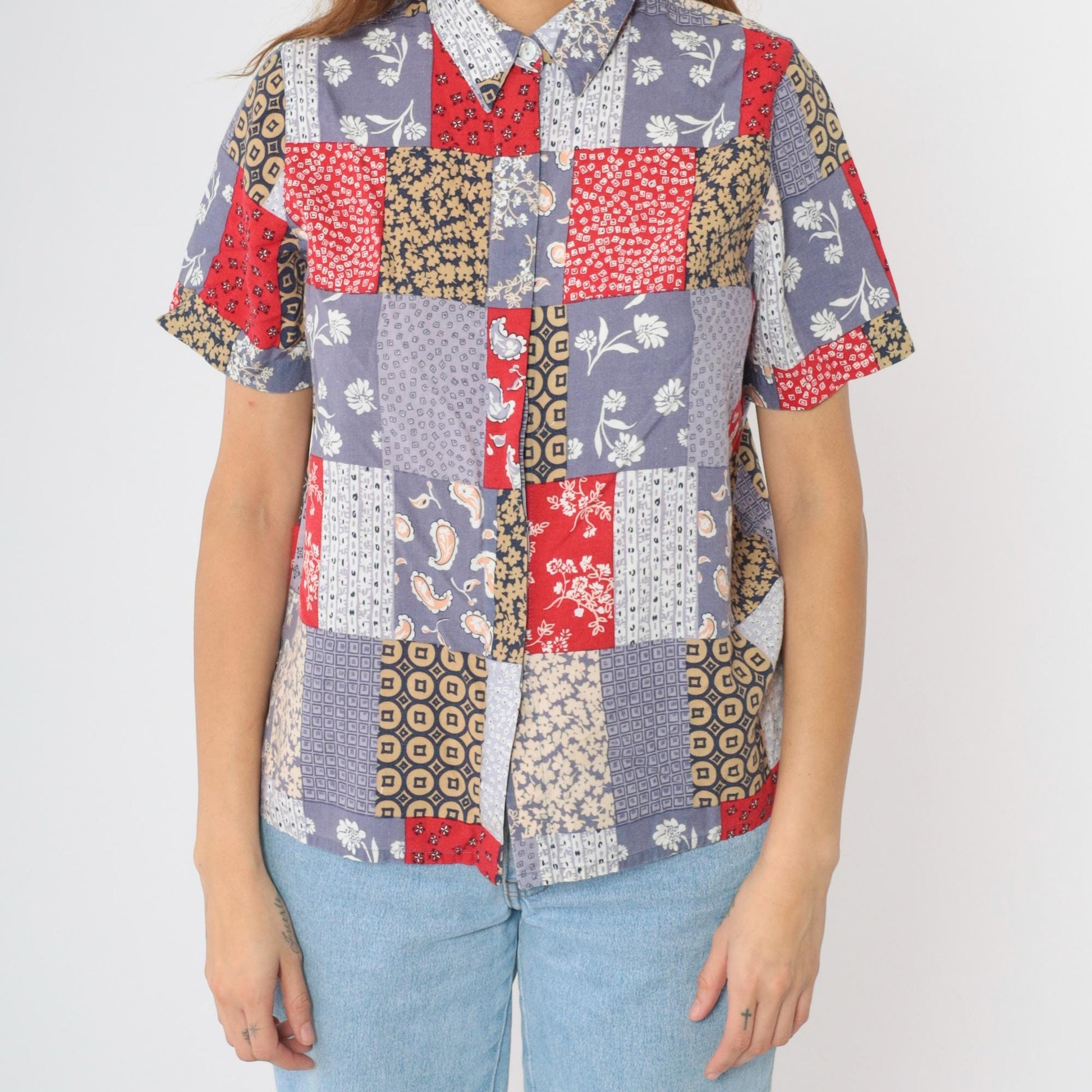 90s Alfred Dunner Patchwork Floral Paisley Button Up Blouse Muted Blue Red Medium
