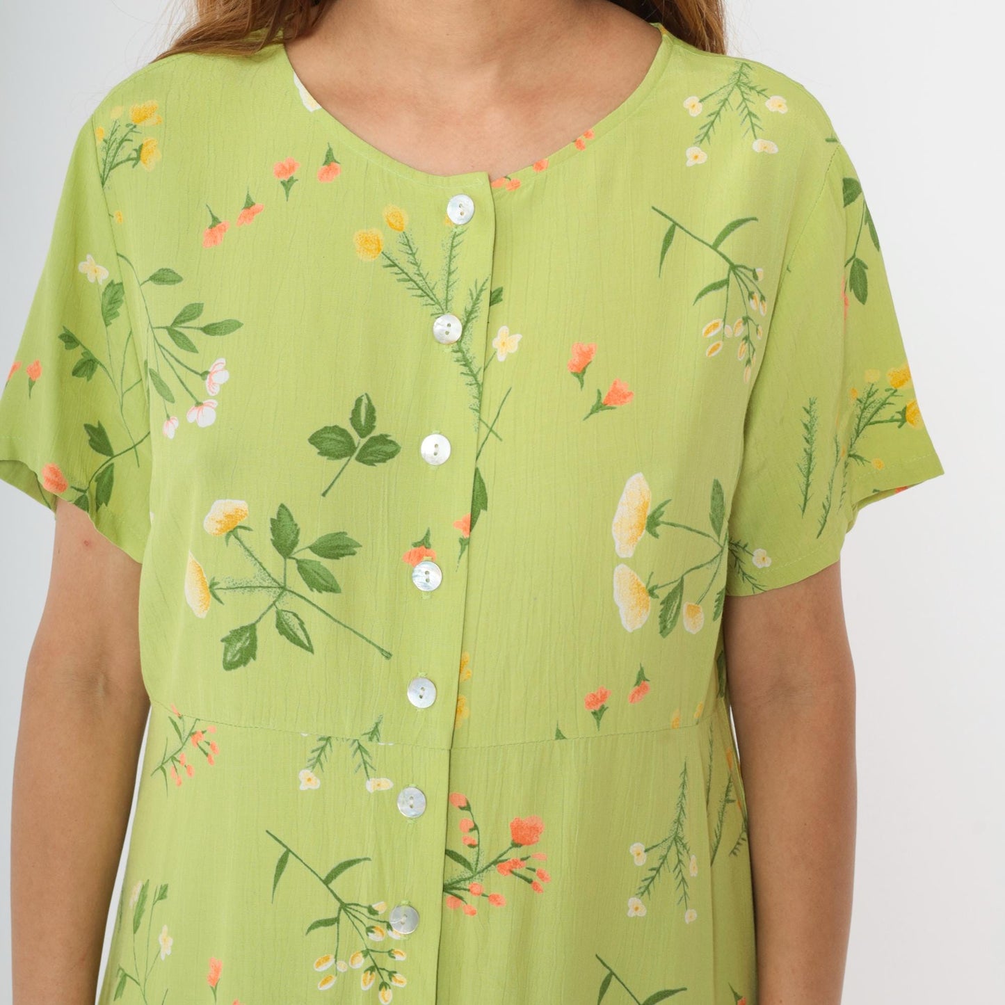 90s Lime Green Floral Rayon Dress High Waist Button Front Knee Length Large
