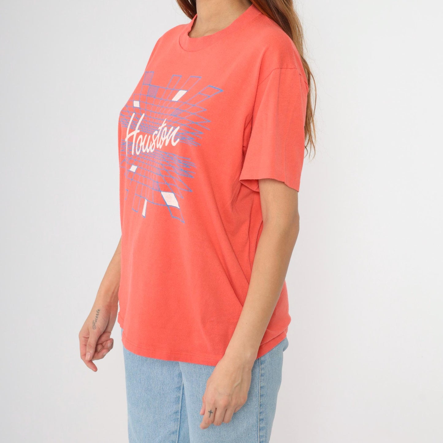 80s Houston Graphic T-Shirt Orange Spellout Velva Sheen Medium