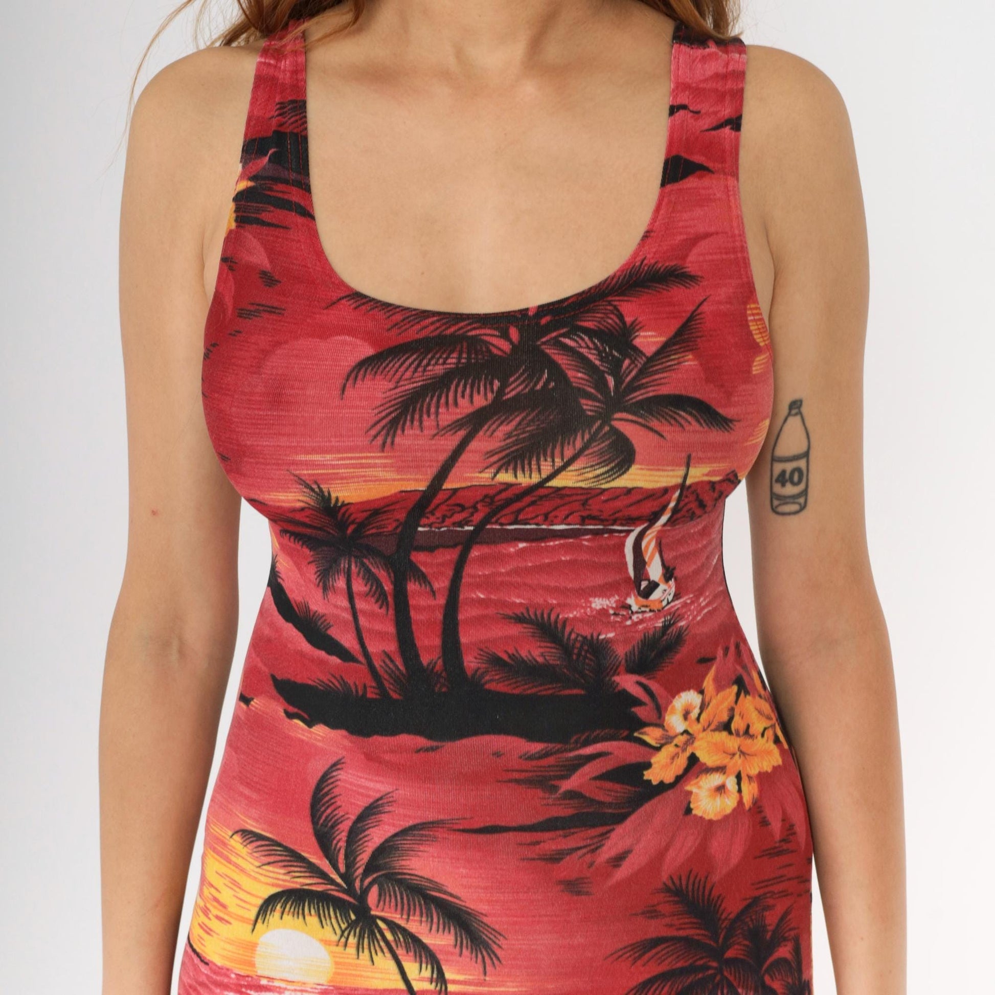 90s Hawaiian Tropical Midi Bodycon Dress Red Palm Tree Print Small S