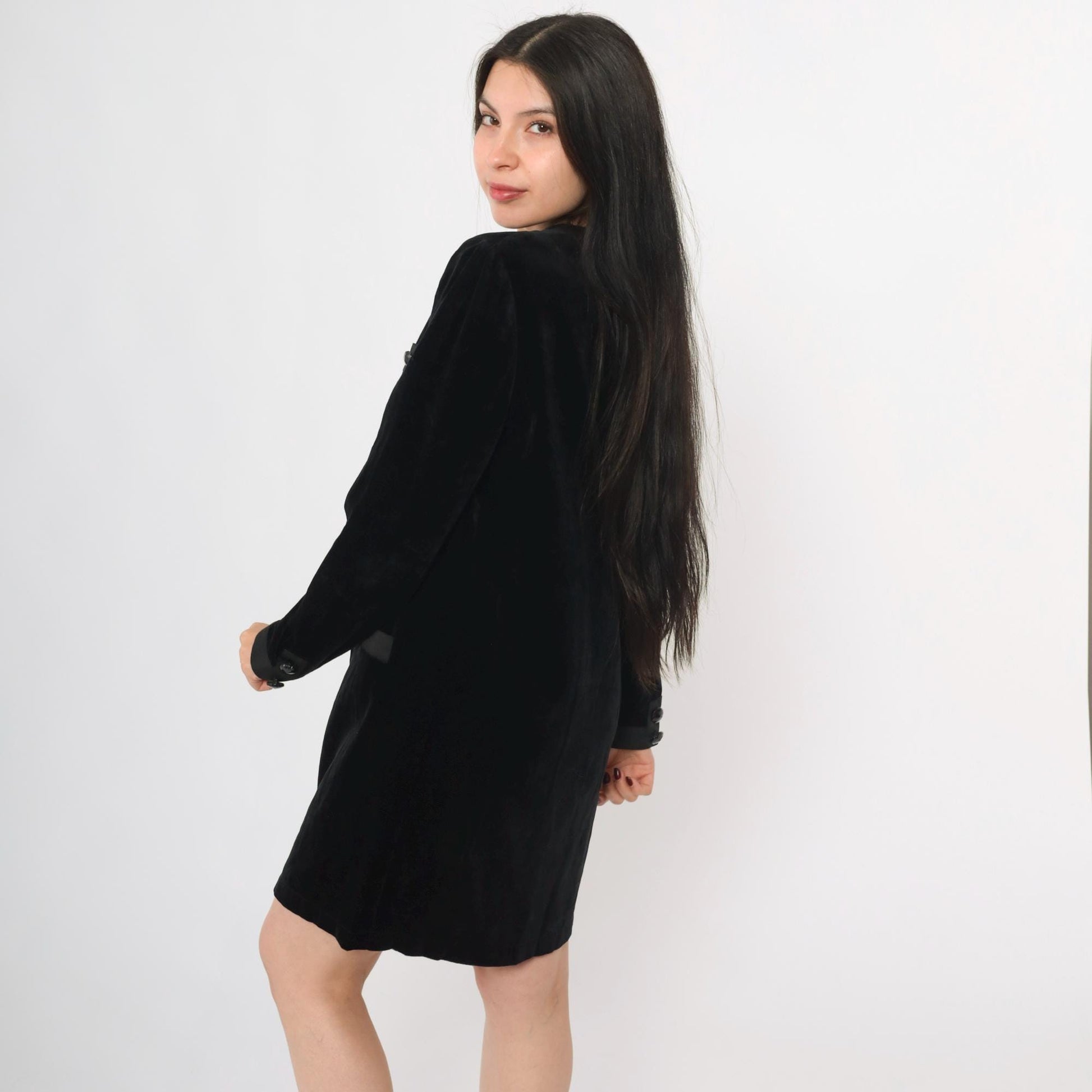 80s Black Velvet Jacket Dress Mini Button-Up Long Sleeve Medium