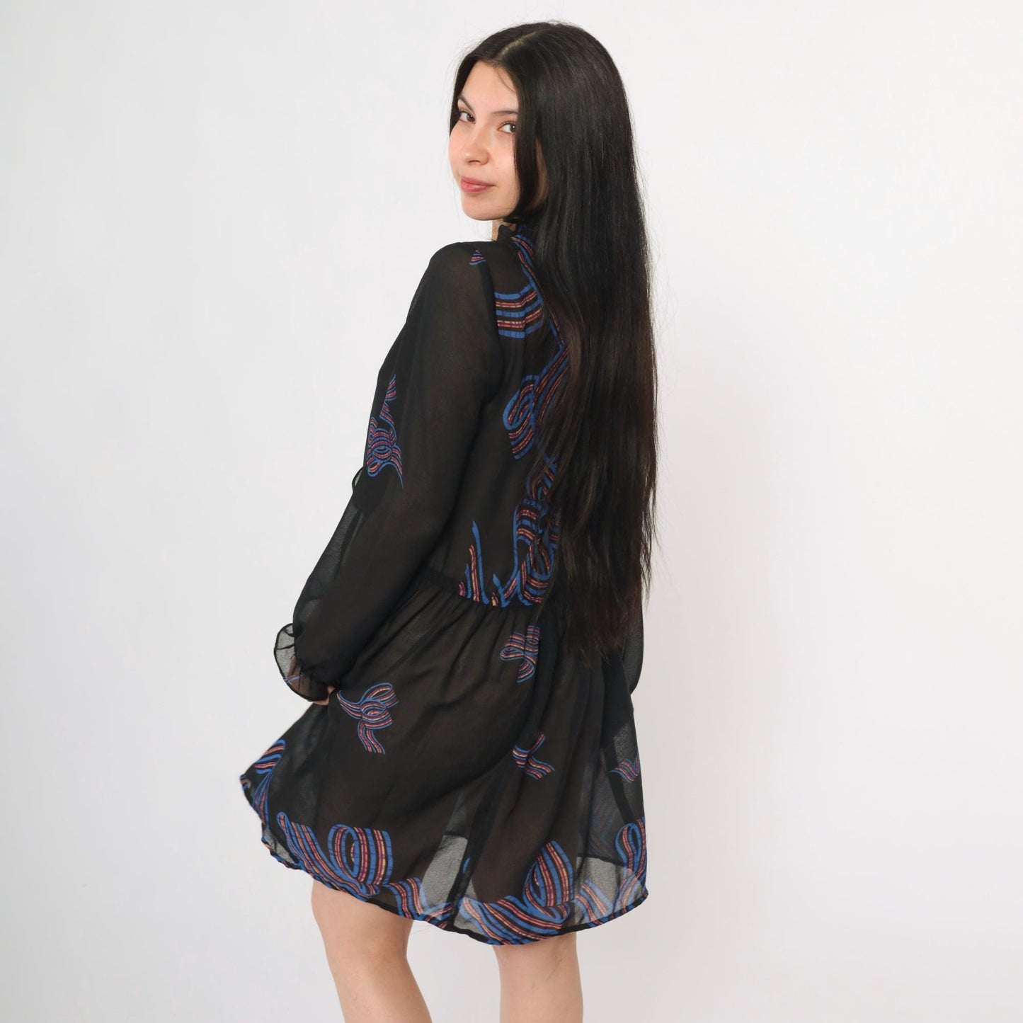 70s Diane Von Furstenberg Black Sheer Mini Dress Ribbon Bow Ruffle Neck Medium