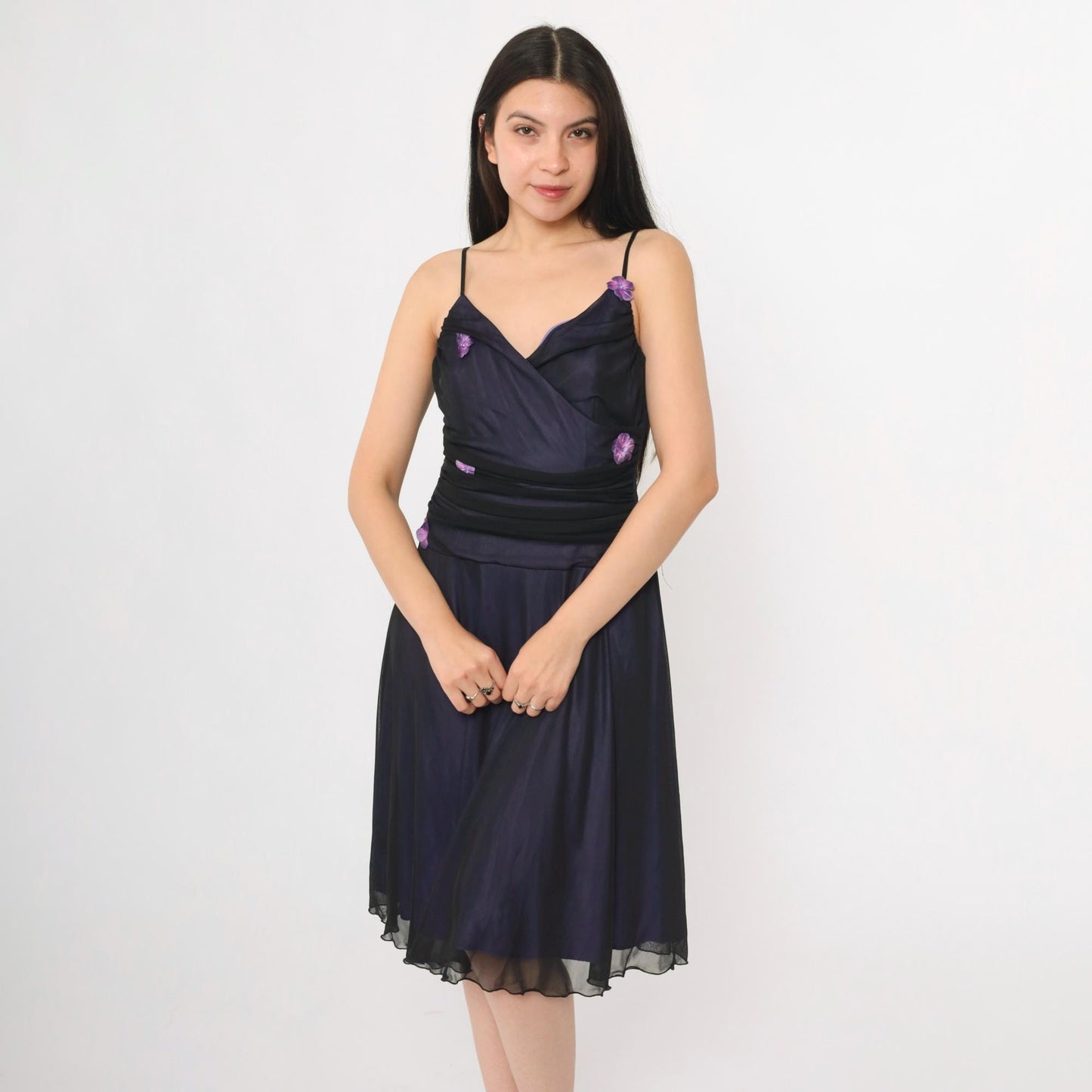Y2K Purple Mesh Midi Dress Black Floral Applique Spaghetti Strap V Neck Medium