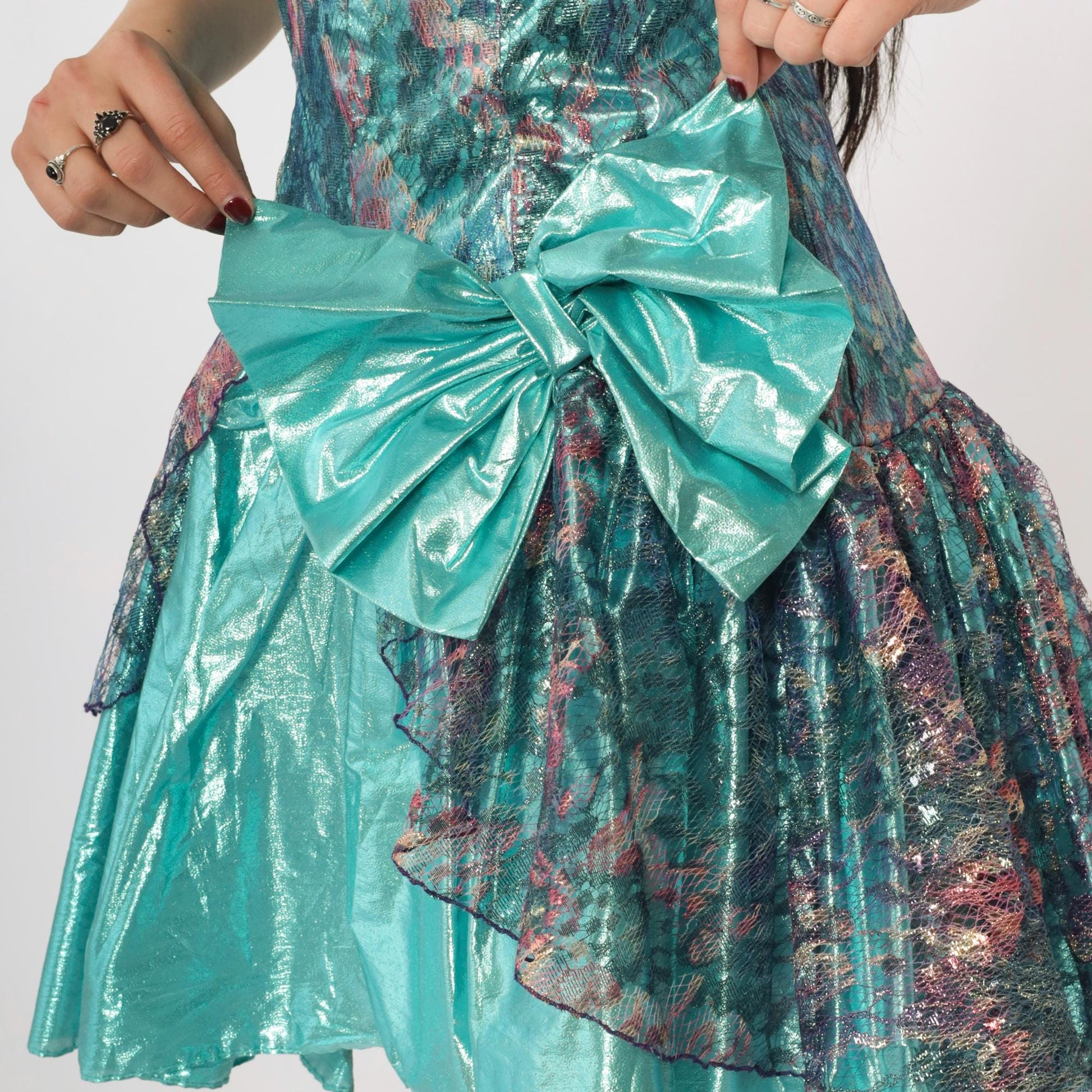 80s Teal Lamé Party Dress Sweetheart Neckline Metallic Lace Mini XS