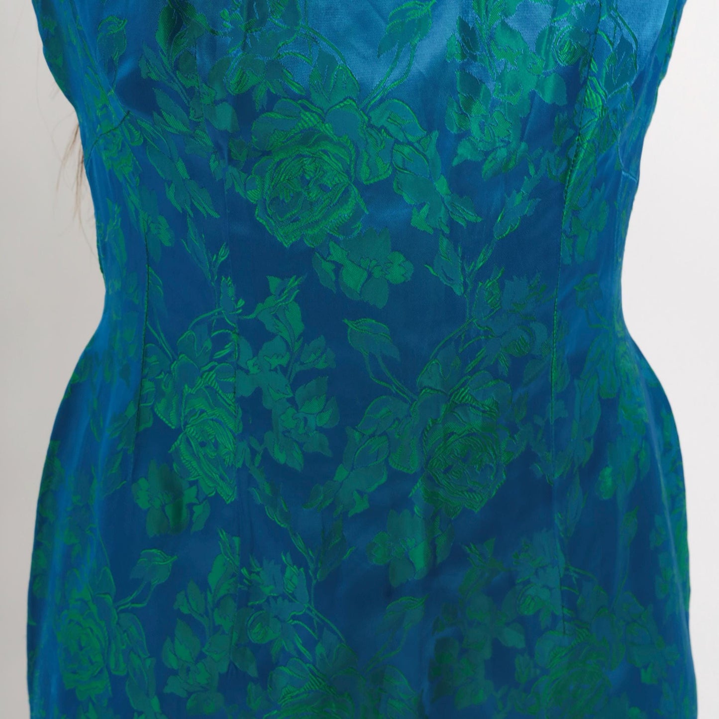 1960s Blue Green Floral Jacquard Maxi Dress V Neck Sleeveless Evening Gown Small