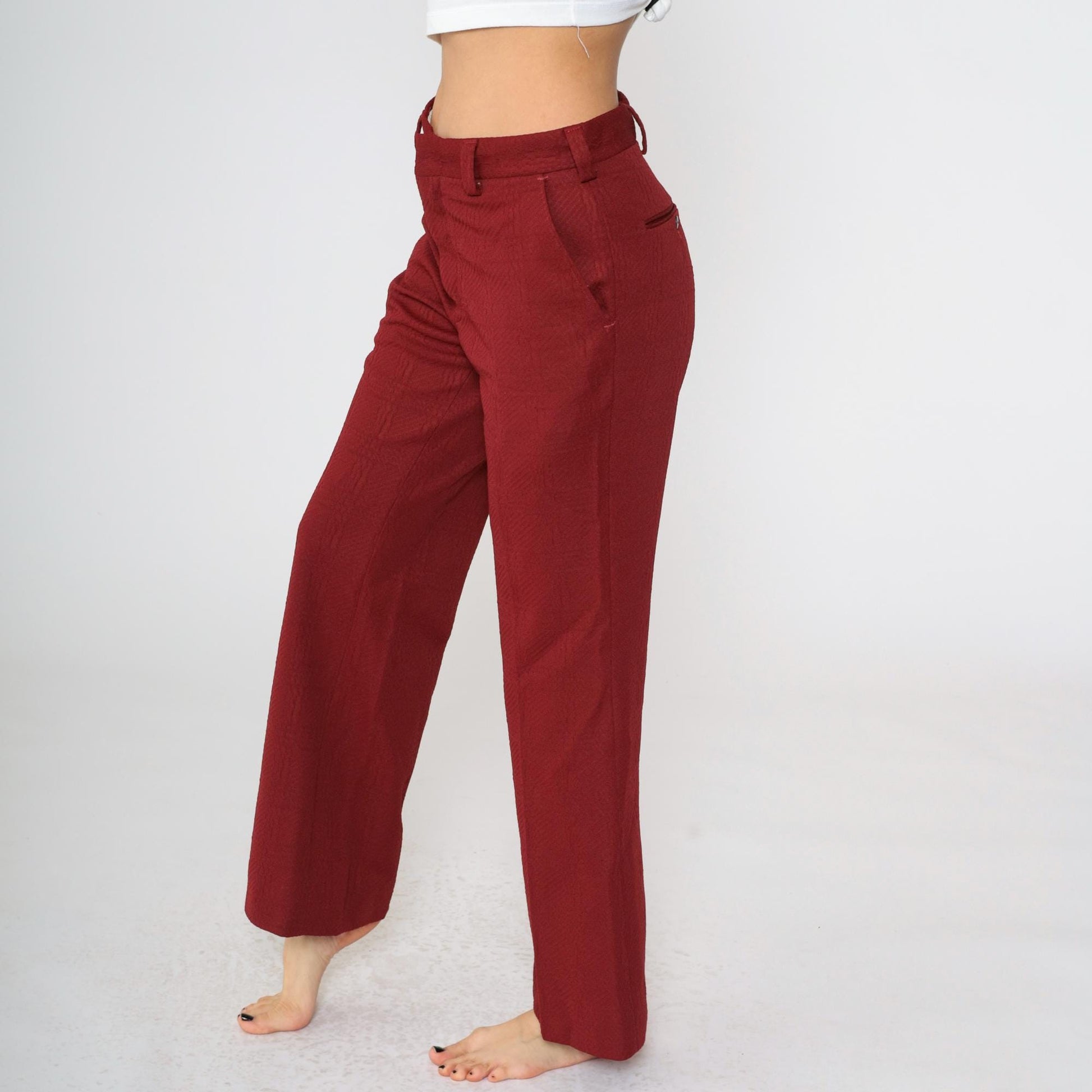 70s Burgundy Flared Trousers High Waist Textured Polyester Medium