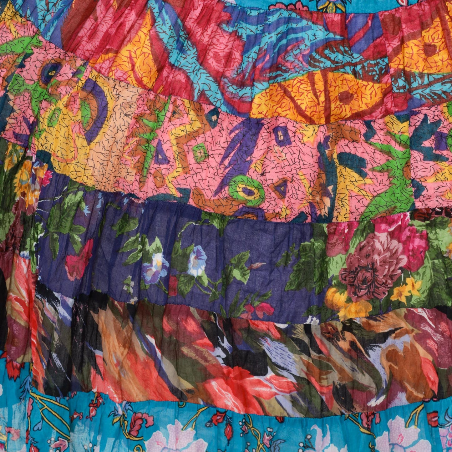 90s Broomstick Midi Skirt Blue Floral Patchwork Tiered Cotton Small
