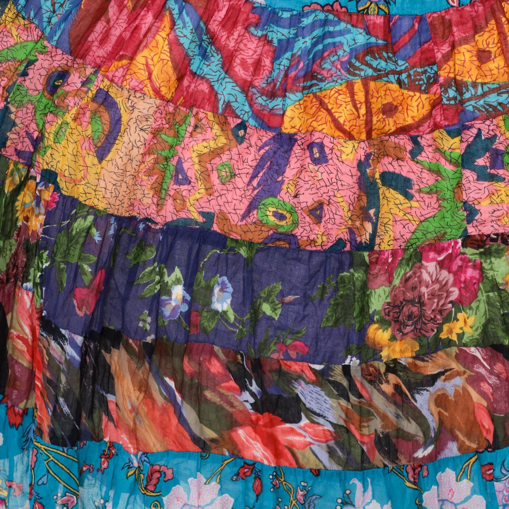 90s Broomstick Midi Skirt Blue Floral Patchwork Tiered Cotton Small