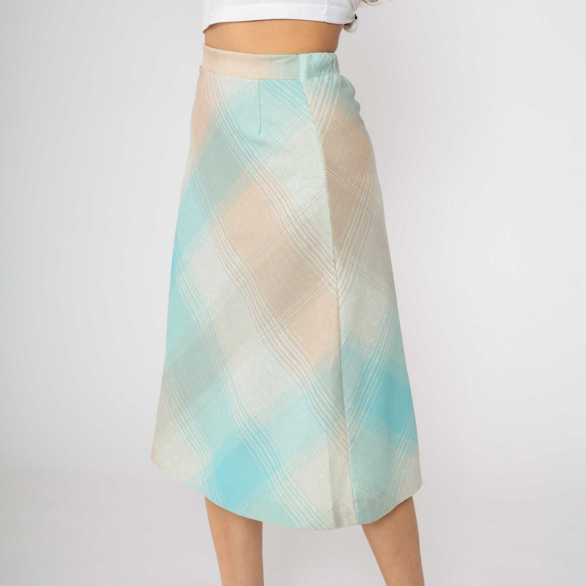 70s Plaid Midi Skirt High Waisted Turquoise Tan Peach Tartan Small XS