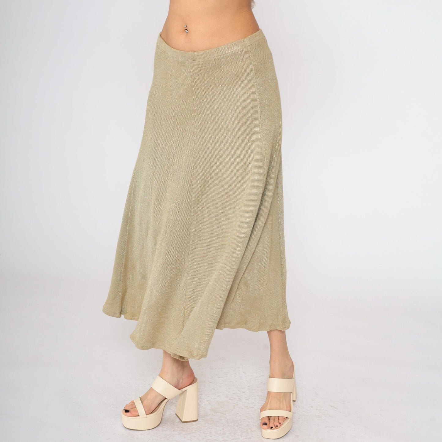 80s Tan Knit Midi Skirt High Waist Elastic Flared Small