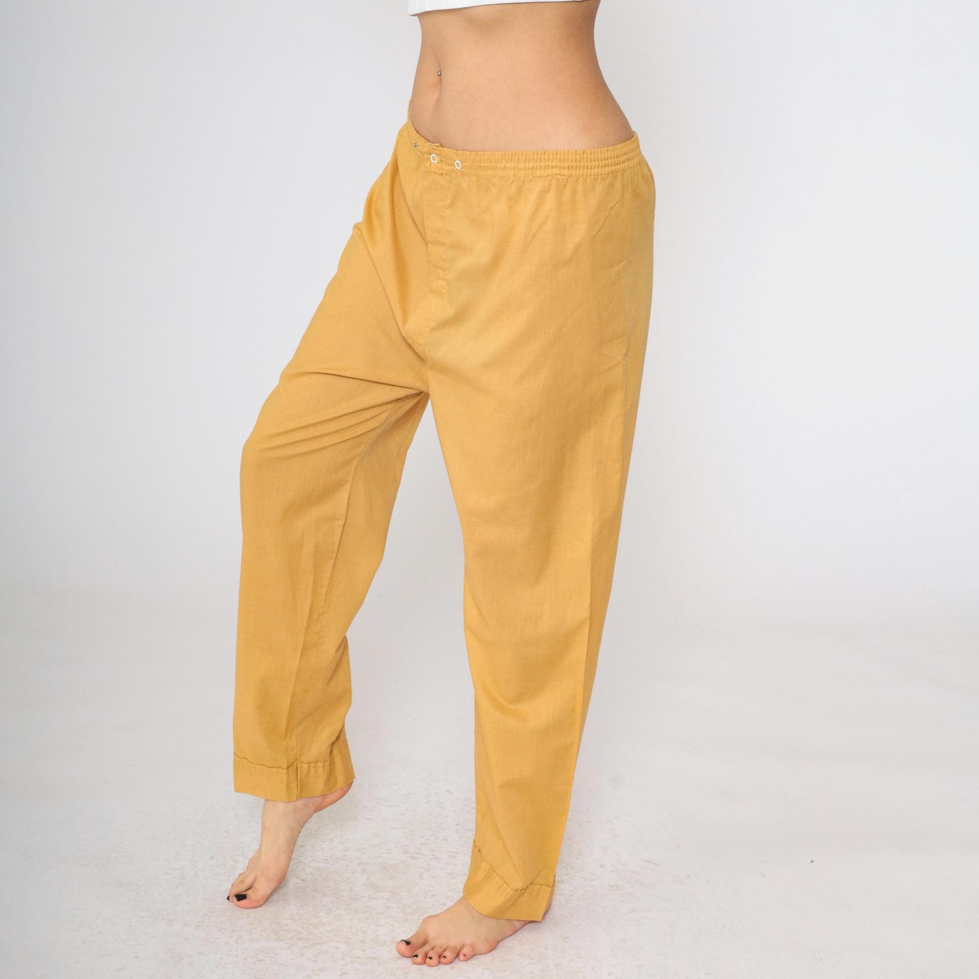 70s Mustard Yellow Pajama Pants Snap Waist Straight Leg Large L