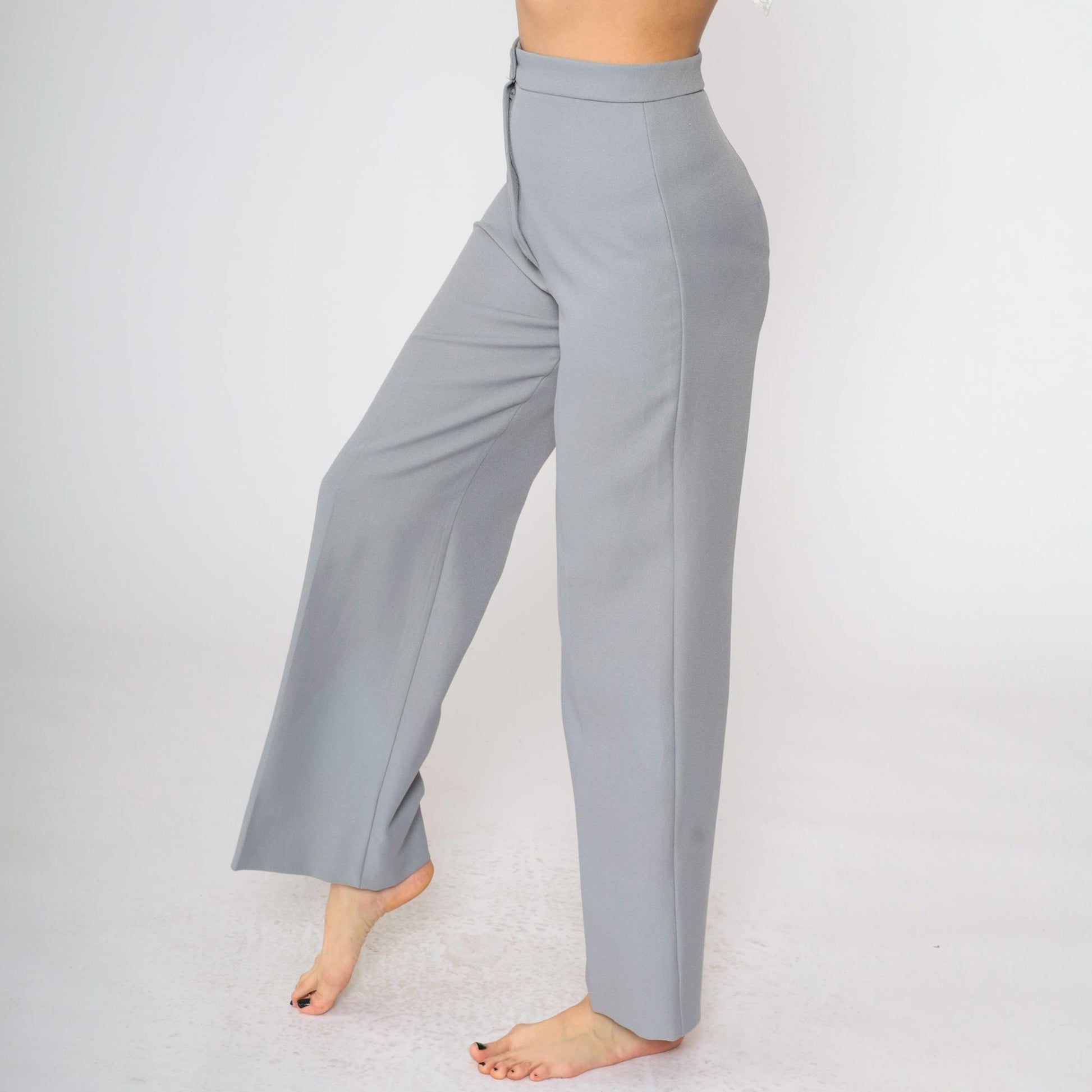 70s Grey Polyester High-Waist Wide-Leg Trousers Small S