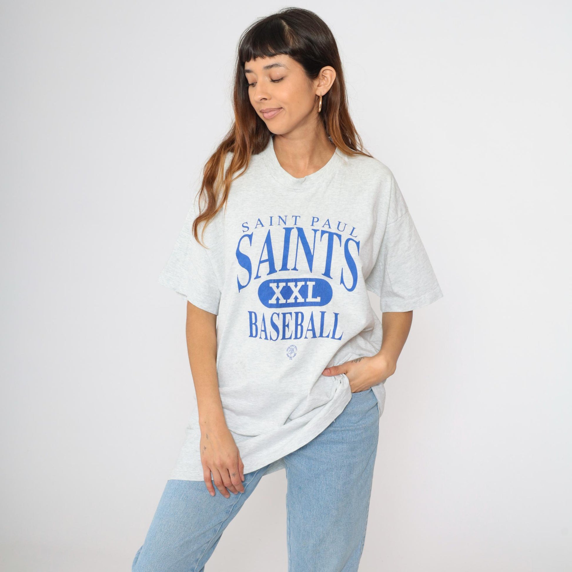 90s Saint Paul Saints Baseball Graphic T-Shirt Grey Fruit of the Loom Extra Large