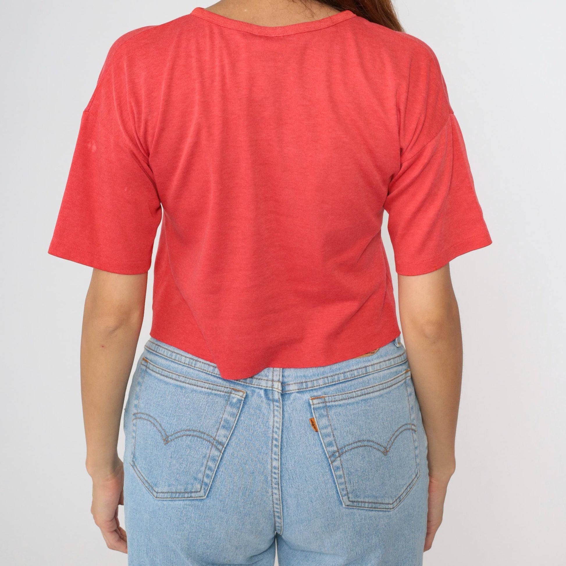 90s Mesoamerican Graphic Crop Tee Red Abstract Birds Masks Extra Small XS