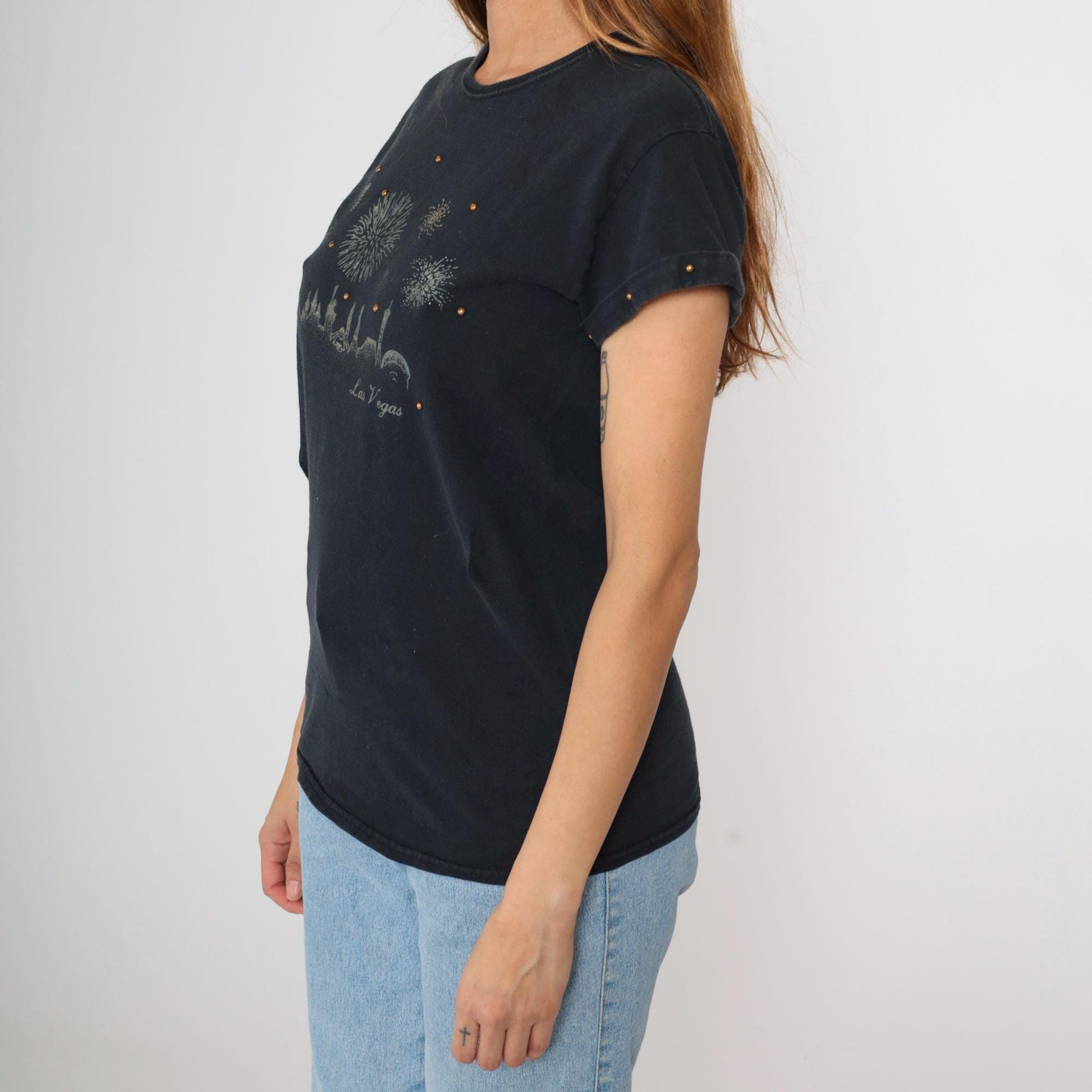 90s Las Vegas Fireworks Graphic T-Shirt Studded Metallic Black Small S