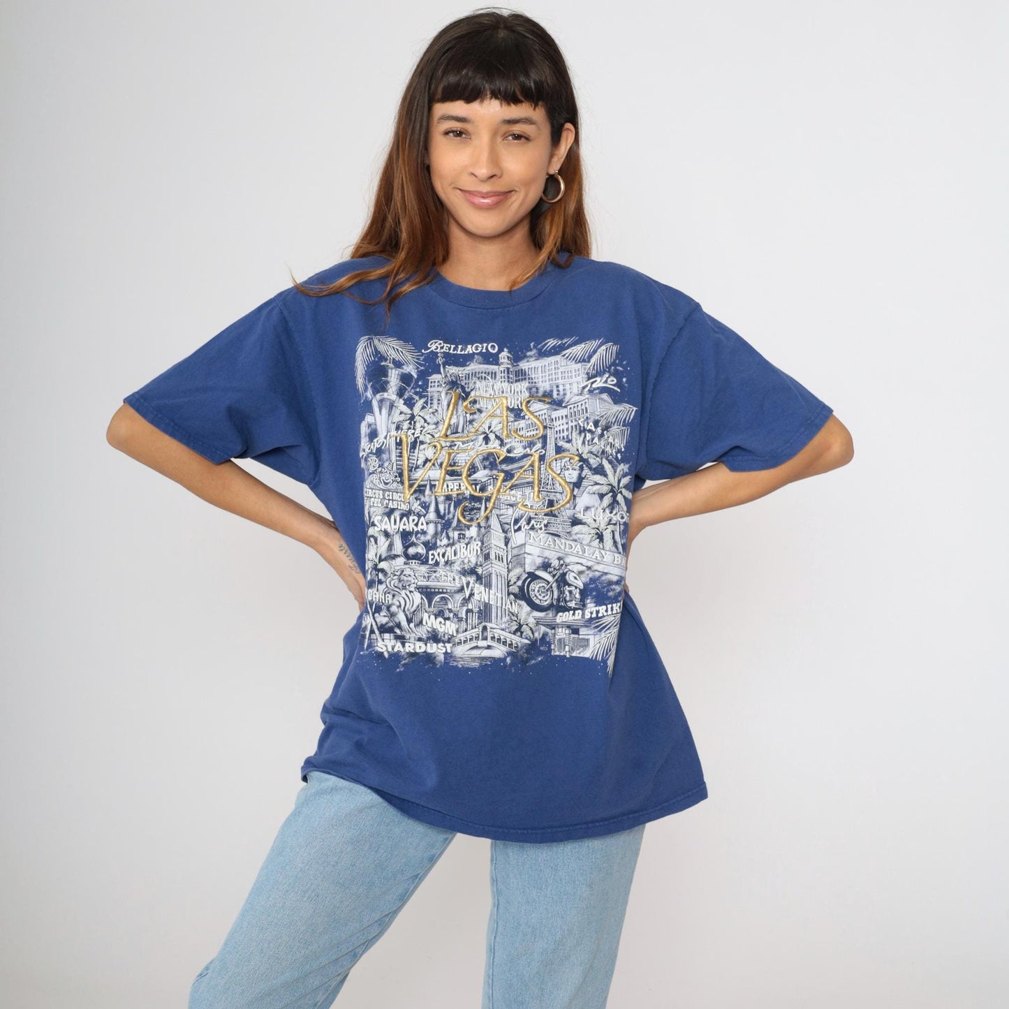 90s Las Vegas Strip Embroidered Graphic T-Shirt Blue Cotton Crewneck Extra Large XL