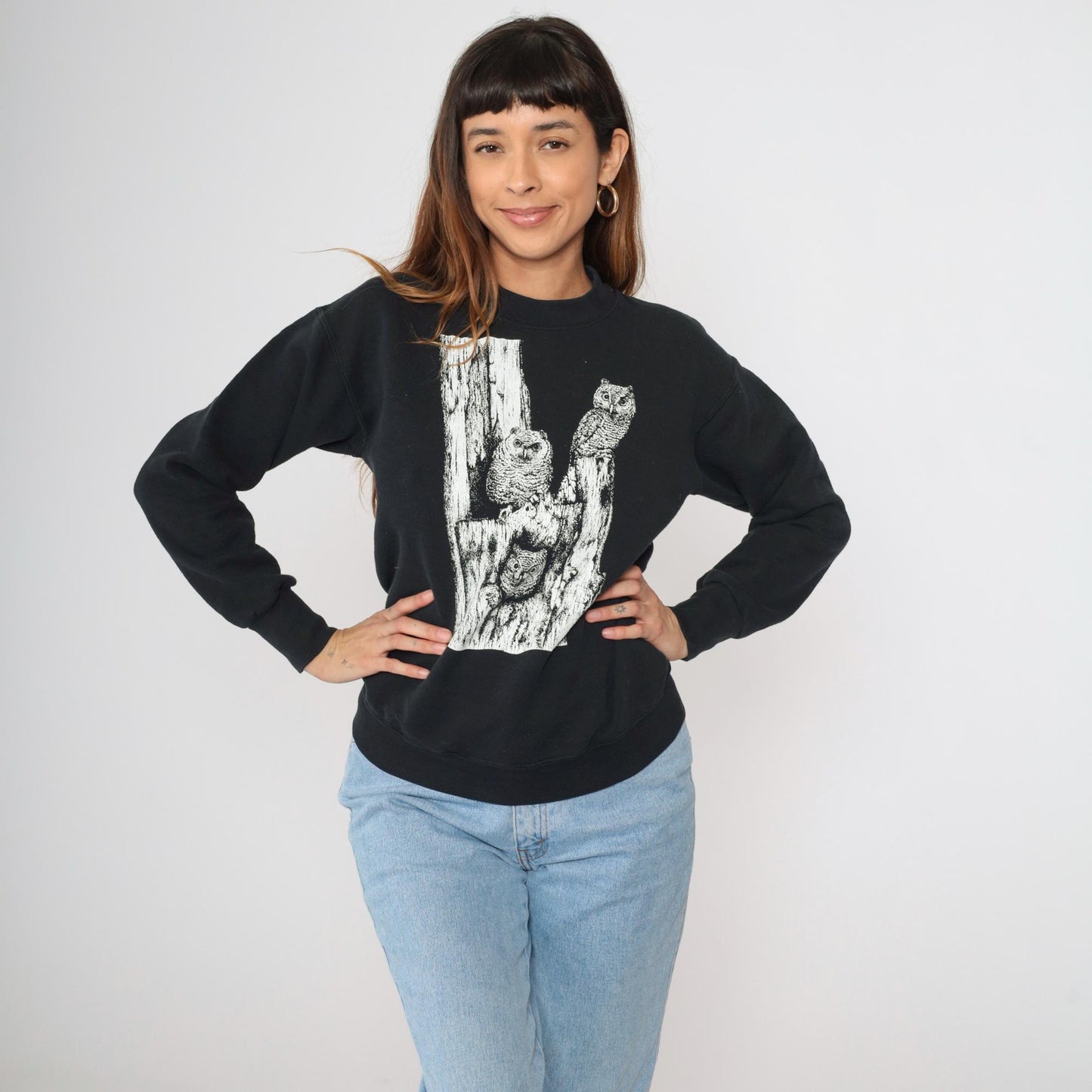 Y2K Woodland Dunes Nature Center Owl Sweatshirt Black Graphic Pullover Small