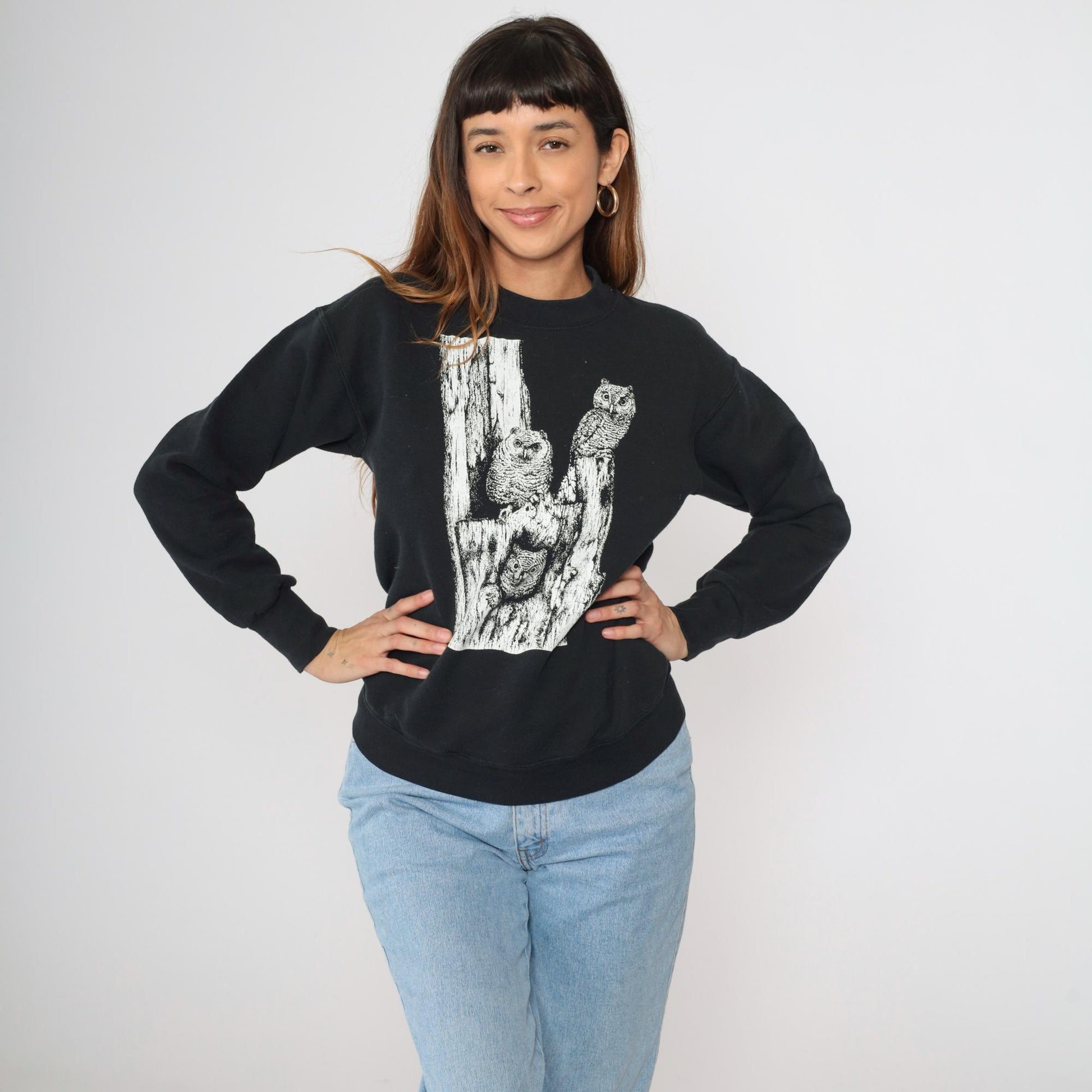 Y2K Woodland Dunes Nature Center Owl Sweatshirt Black Graphic Pullover Small