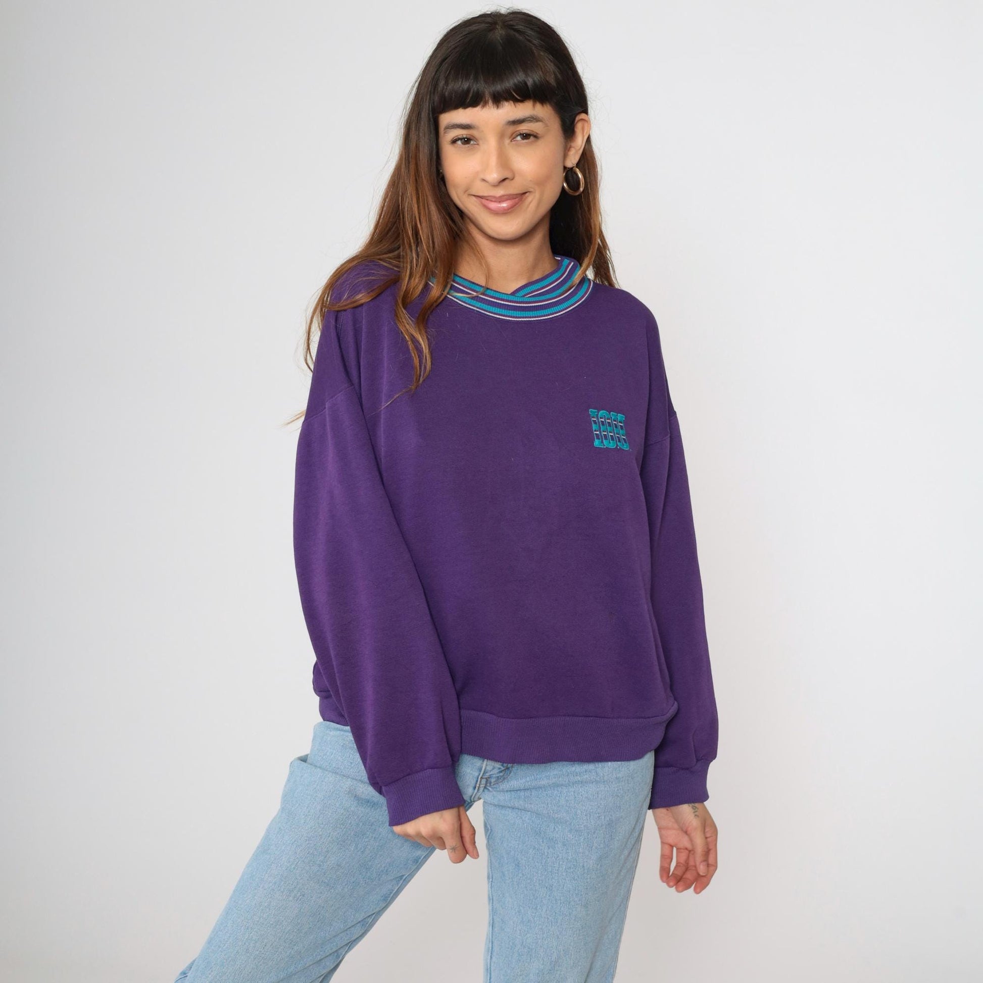 90s I.O.U. Spellout Sweatshirt Purple Striped Collar Graphic Pullover Large