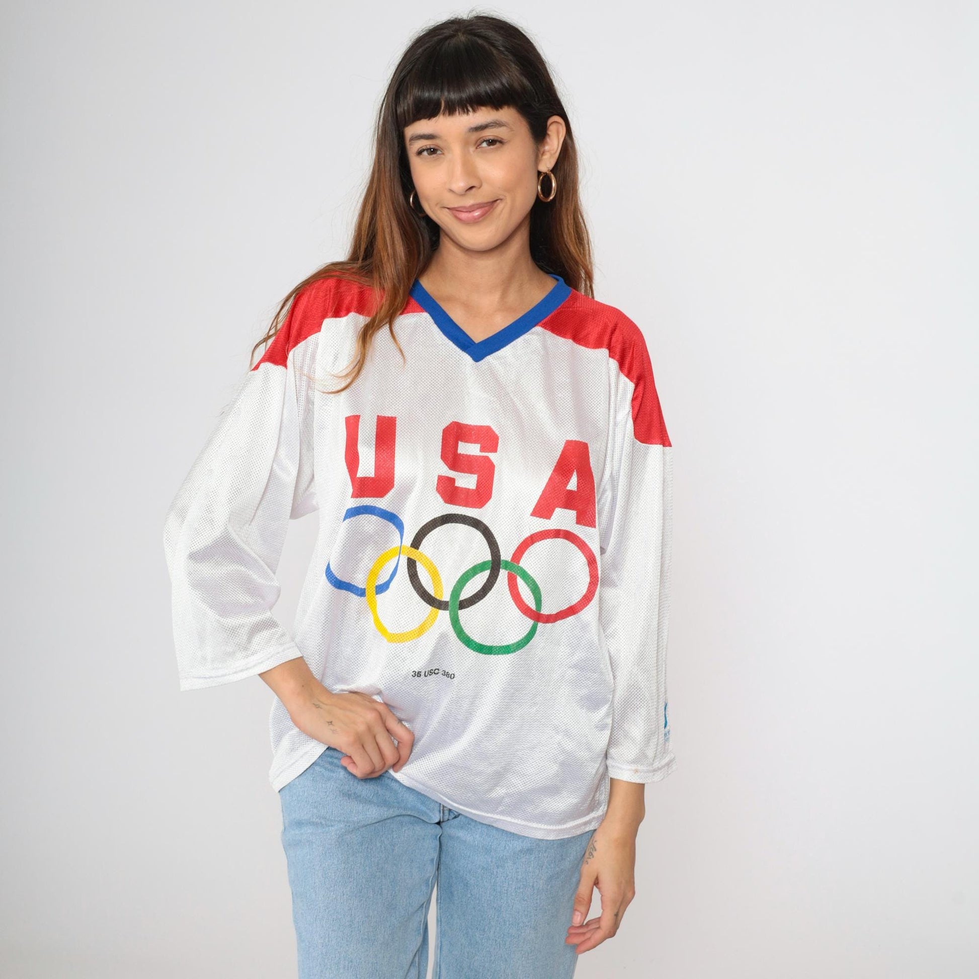 80s USA Mesh Hockey Jersey White Red Blue Block Lettering Medium