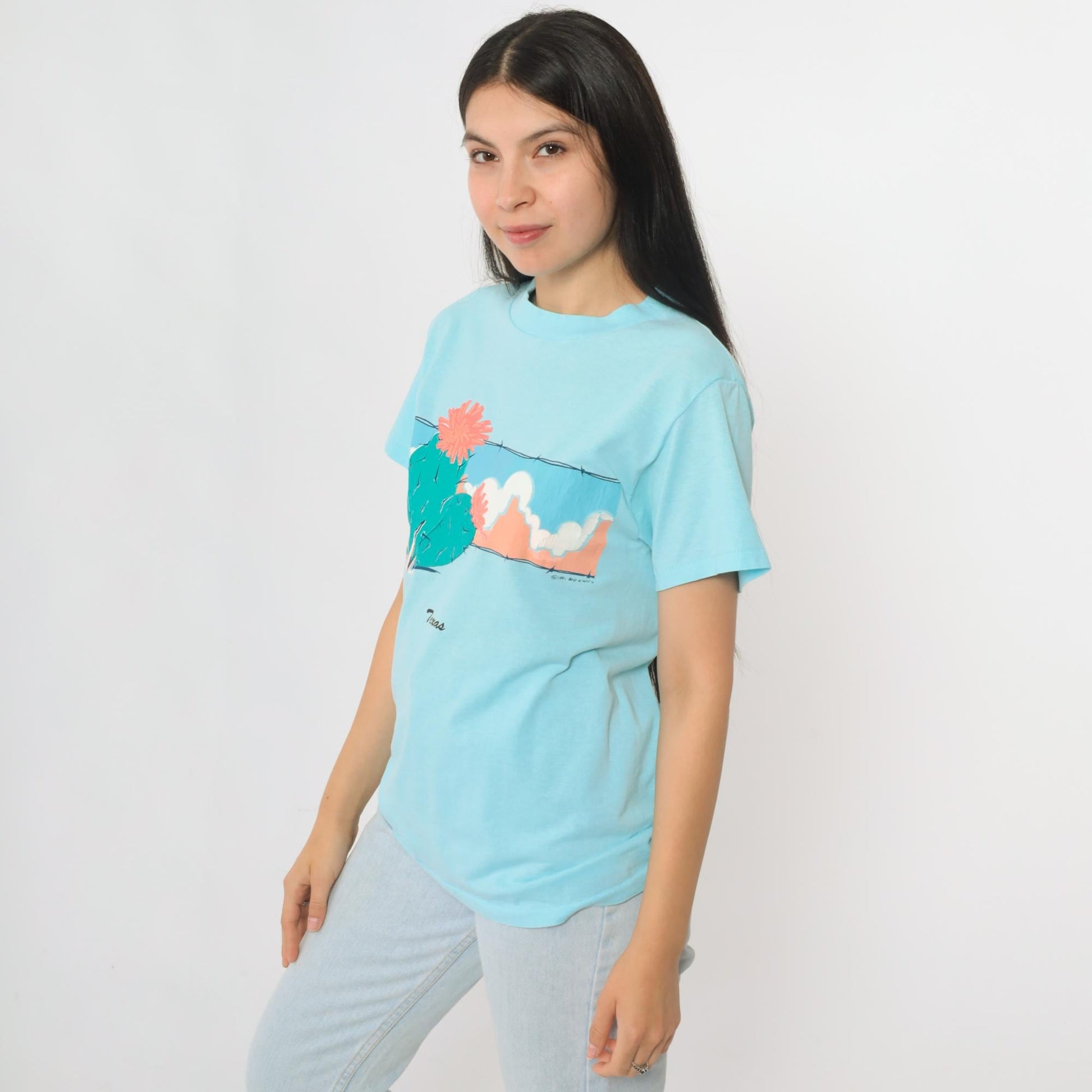 90s Texas Cactus Graphic T-Shirt Blue Single Stitch Crewneck Small