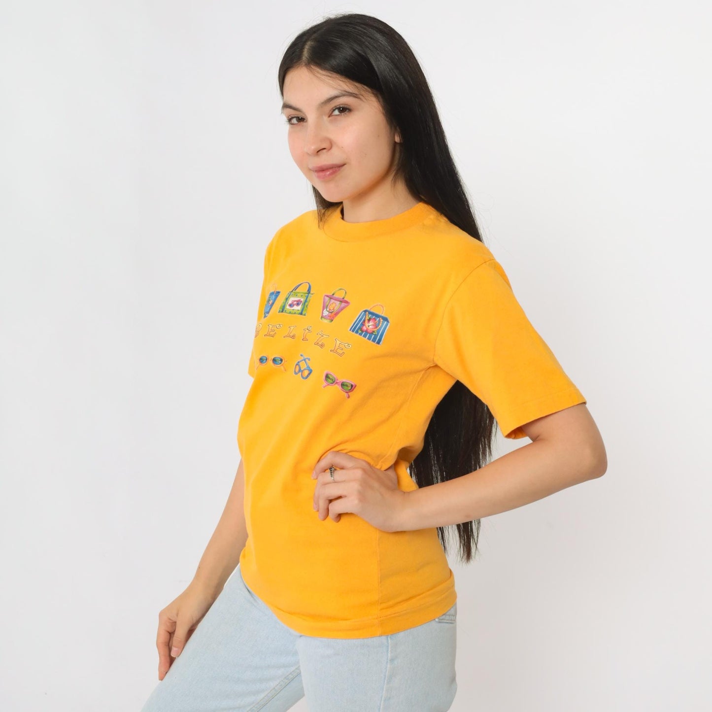 90s Belize Sunglasses Graphic T-Shirt Yellow Cotton Crewneck Extra Small