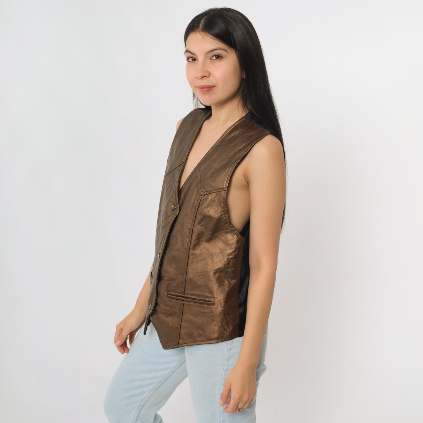 90s Metallic Copper Faux Leather Snap Vest Sleeveless Small S