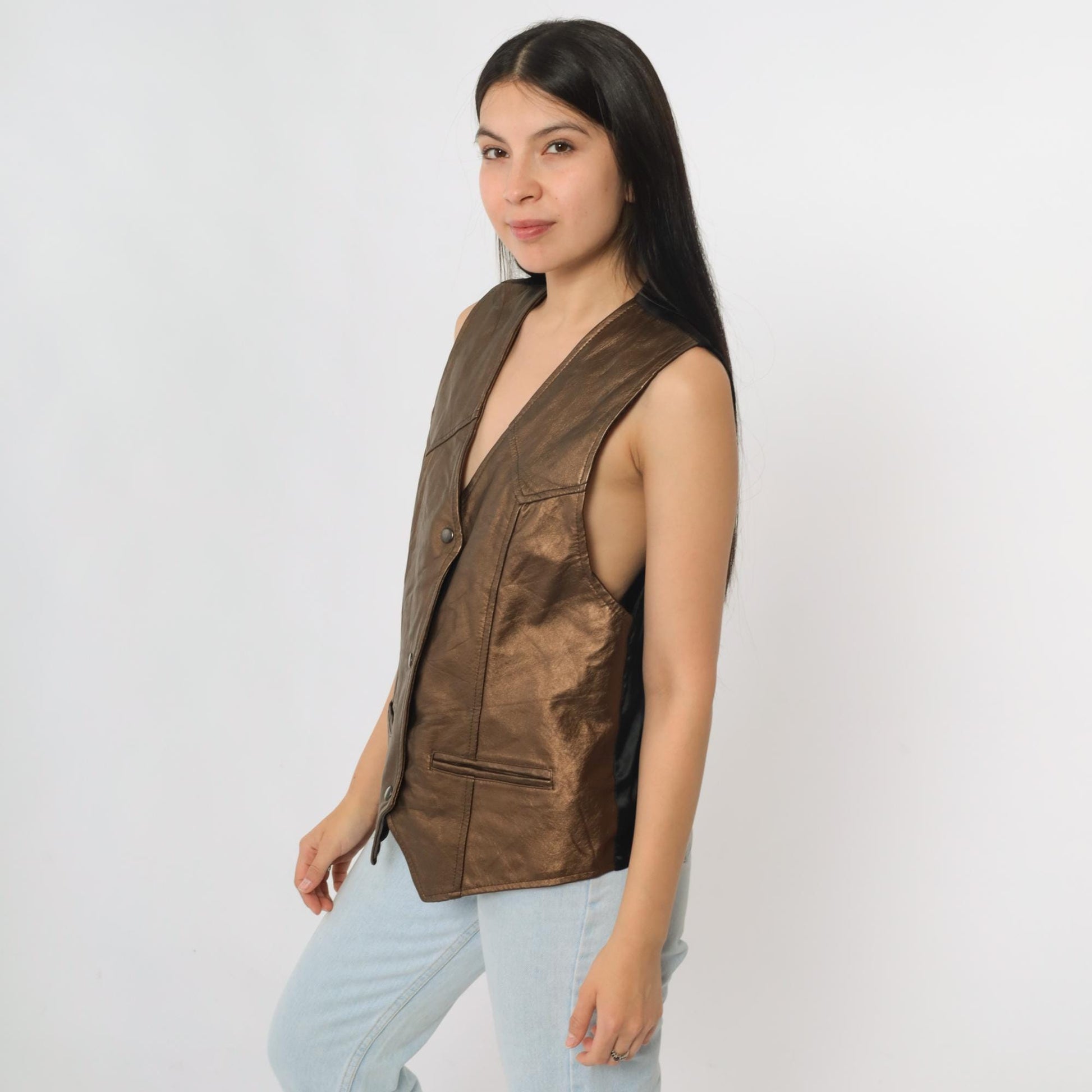 90s Metallic Copper Faux Leather Snap Vest Sleeveless Small S