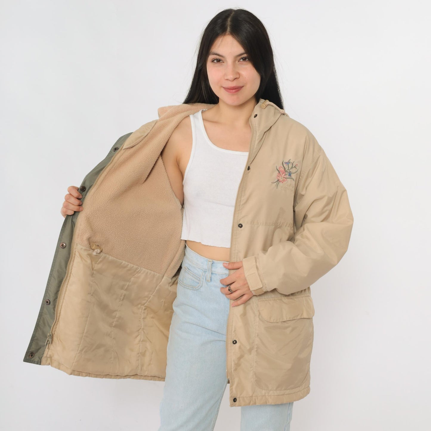 90s Northern Reflections Tan Hooded Windbreaker Floral Embroidered Fleece Lined Small