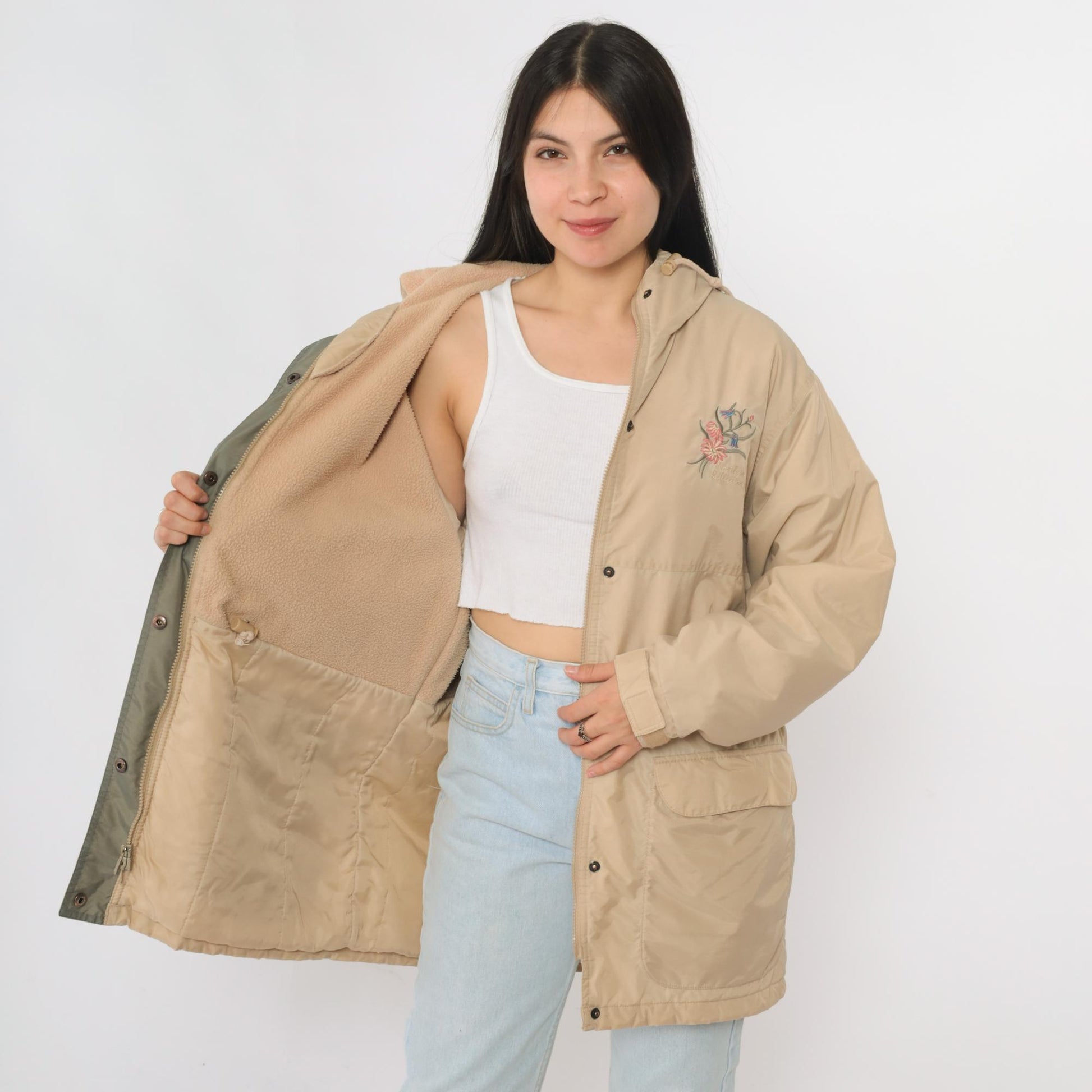 90s Northern Reflections Tan Hooded Windbreaker Floral Embroidered Fleece Lined Small