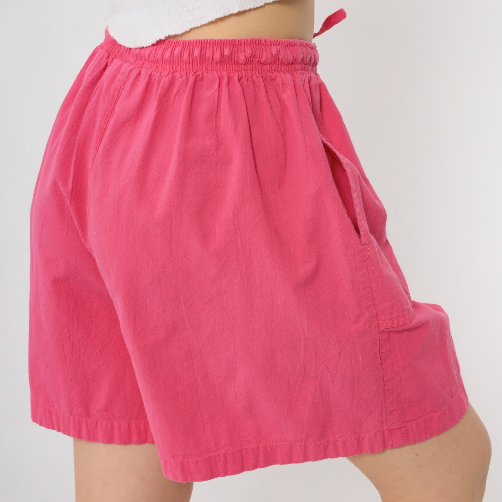 90s Bright Pink Elastic Waist Shorts Cotton High Rise Medium Large