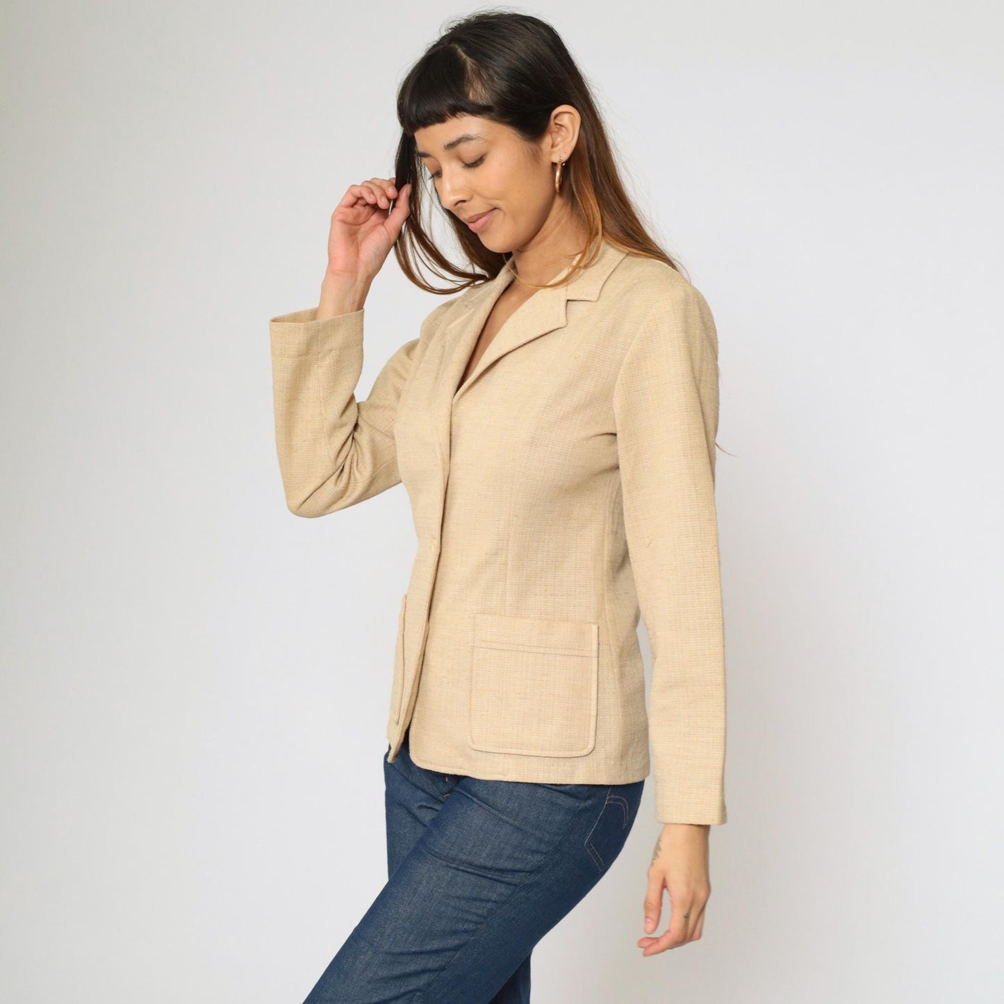 70s Beige Polyester Blazer Button-Up Jacket Deep V Neck Small