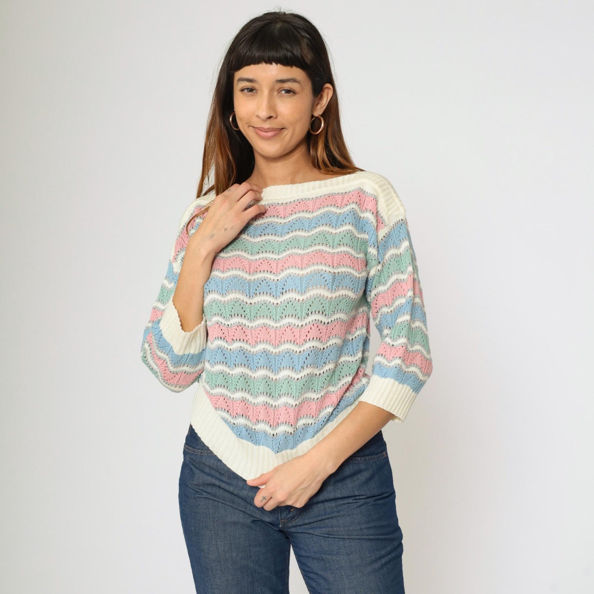 80s Bellocco Pastel Striped Pointelle Sweater Boatneck Knit Medium