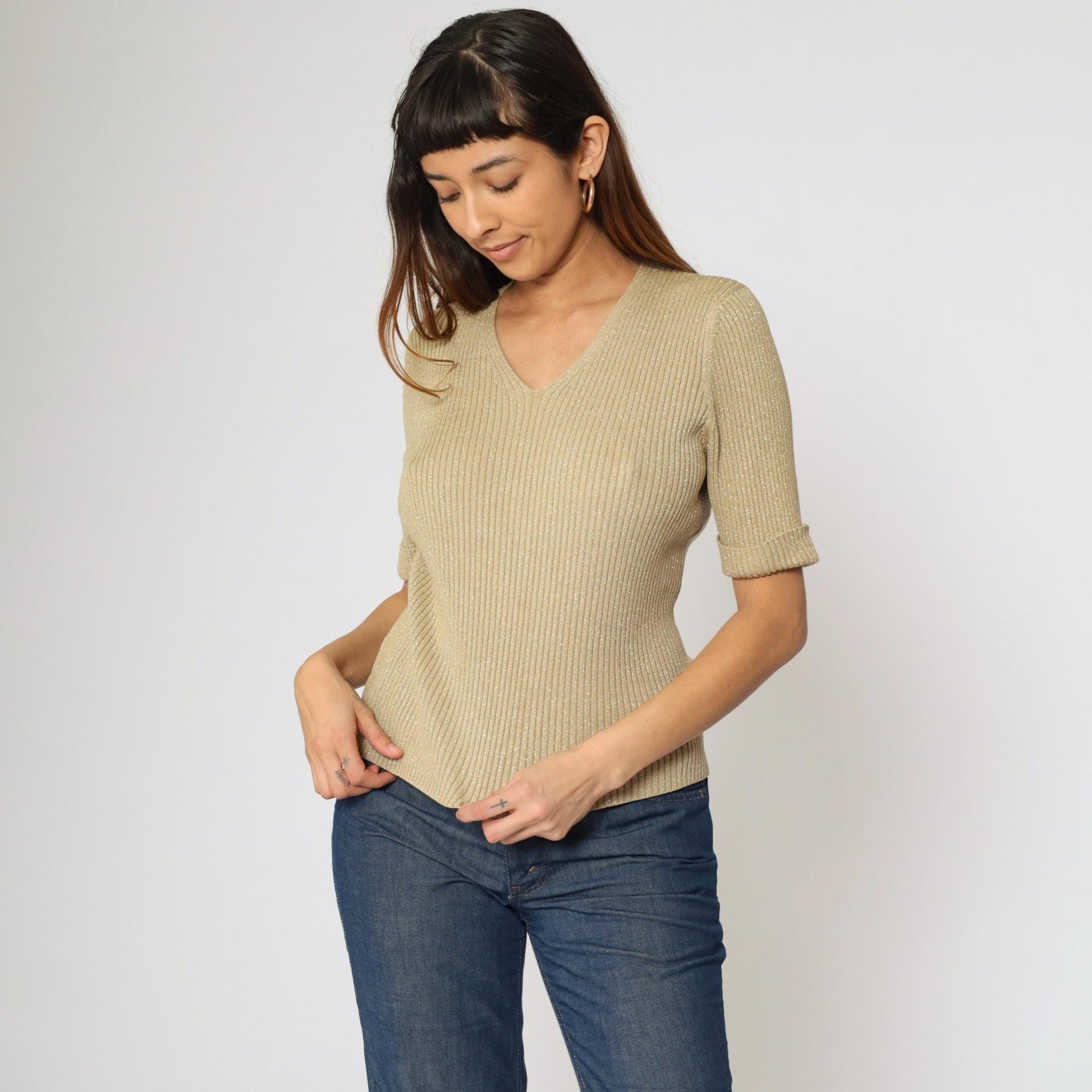 90s Kathie Lee Gold Sparkly Knit Top Short Sleeve V Neck Medium