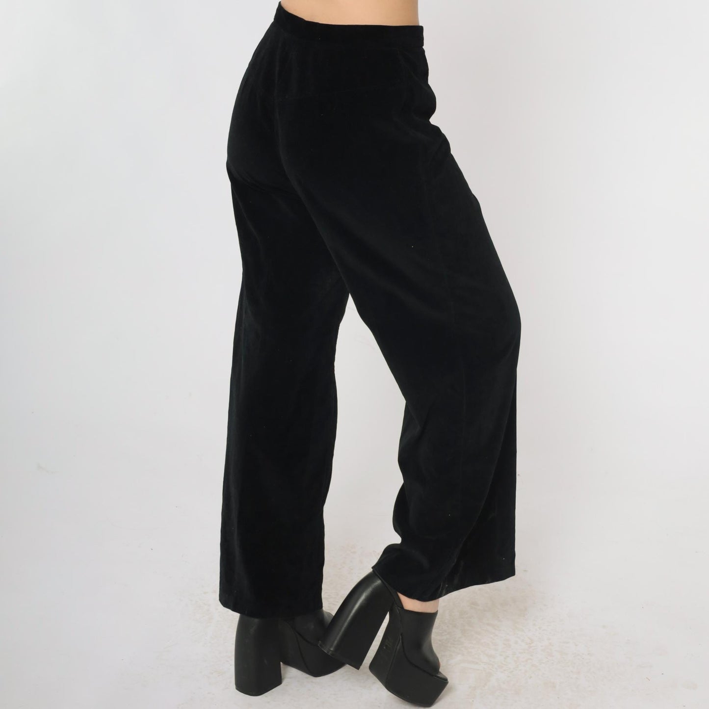70s Black Velvet Bell Bottom Pants High Rise Wide Leg Small