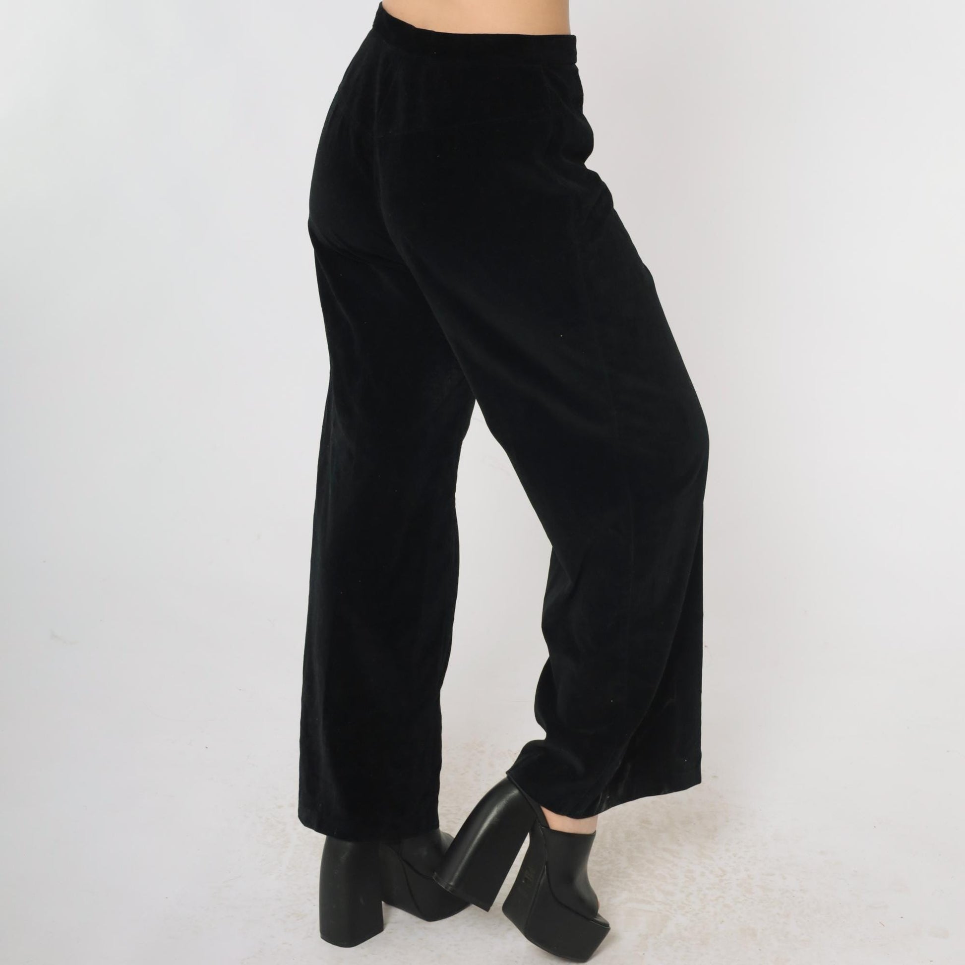 70s Black Velvet Bell Bottom Pants High Rise Wide Leg Small