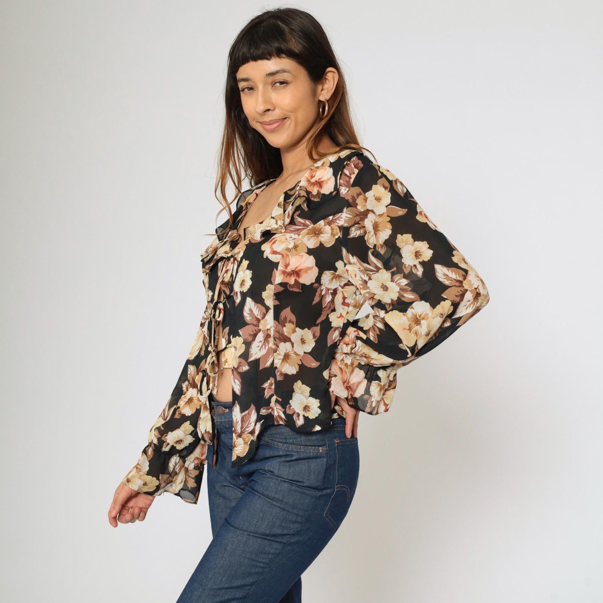 90s Gemini Black Floral Tie-Front Blouse Ruffled Collar Long Sleeve Large L