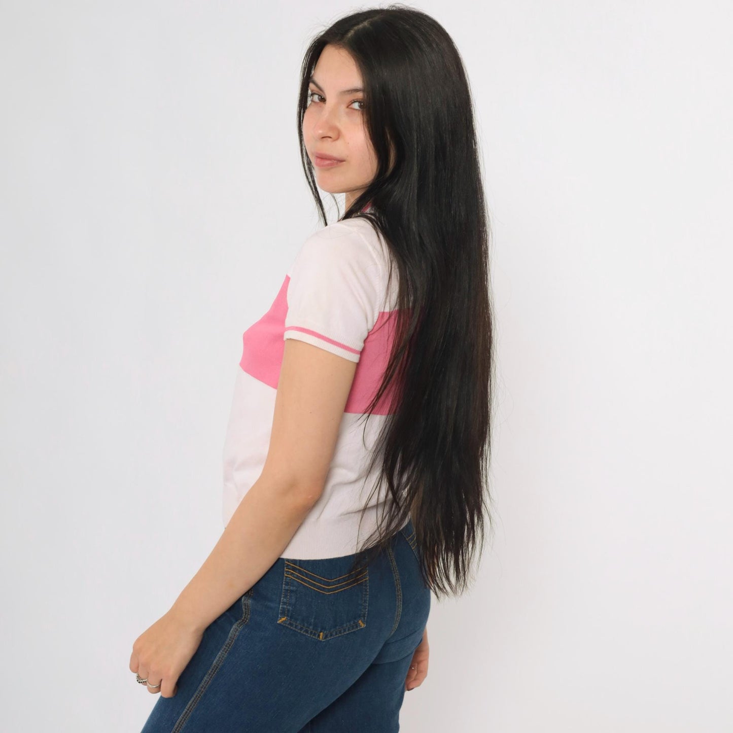 80s Jamie Sadock Striped Polo Shirt White Pink Snap Button Short Sleeve Extra Small